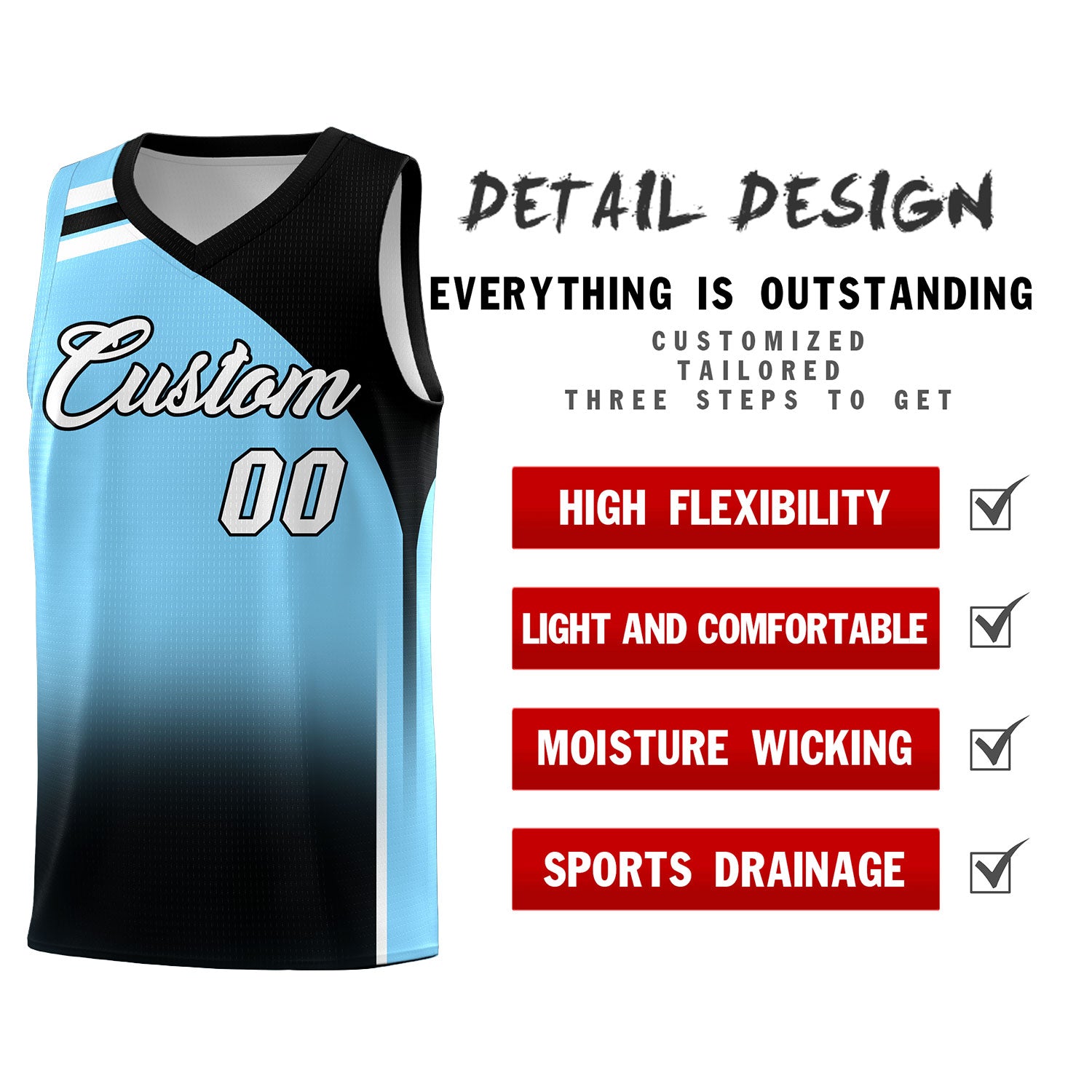 Custom Light Blue and Black Gradient Fashion Sets Sports Uniform Basketball Jersey
