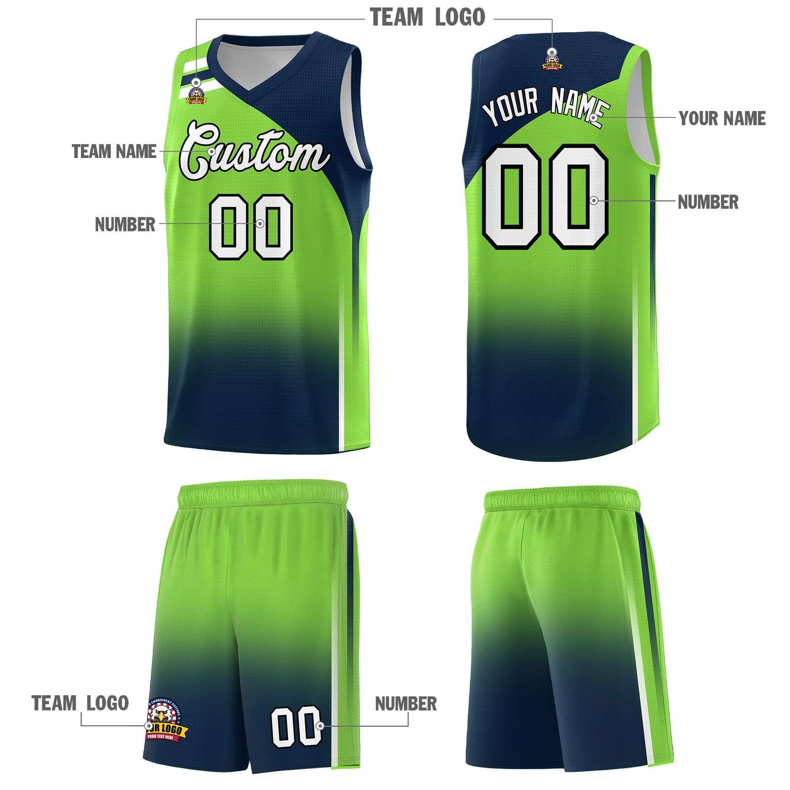 Custom Fluorescent Green Navy Gradient Fashion Sets Sports Uniform Basketball Jersey