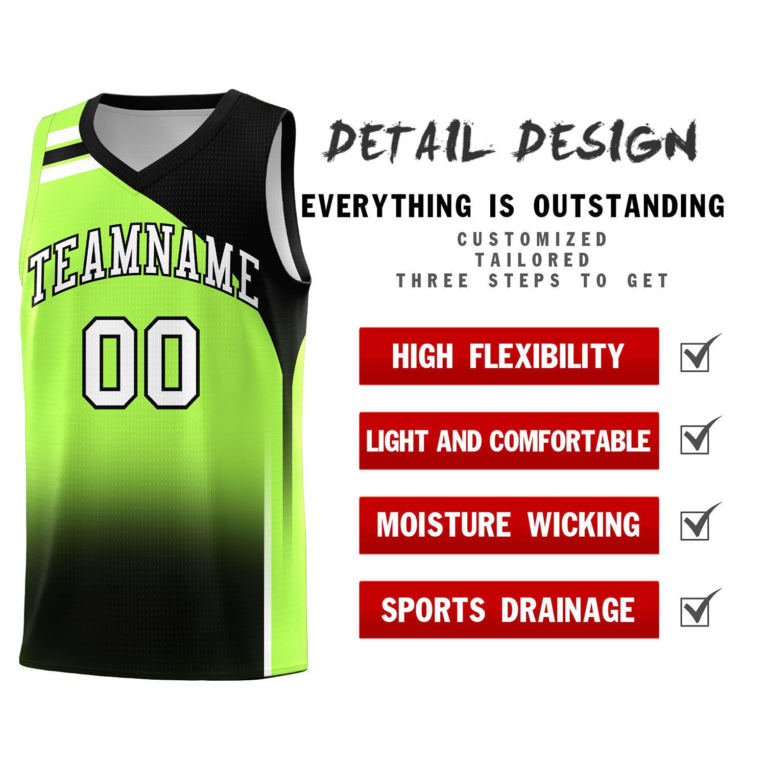 Custom Fluorescent Green Black Gradient Fashion Sets Sports Uniform Basketball Jersey