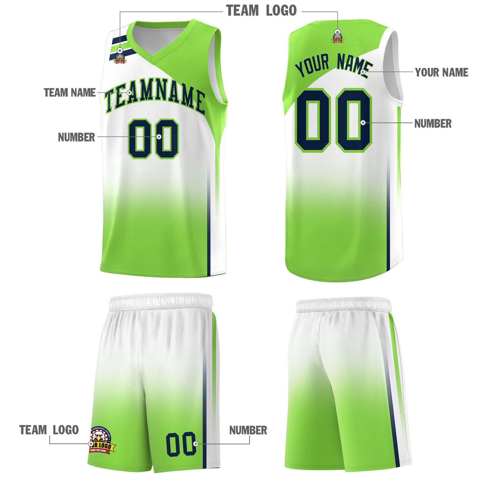 Custom White Fluorescent Green Gradient Fashion Sets Sports Uniform Basketball Jersey