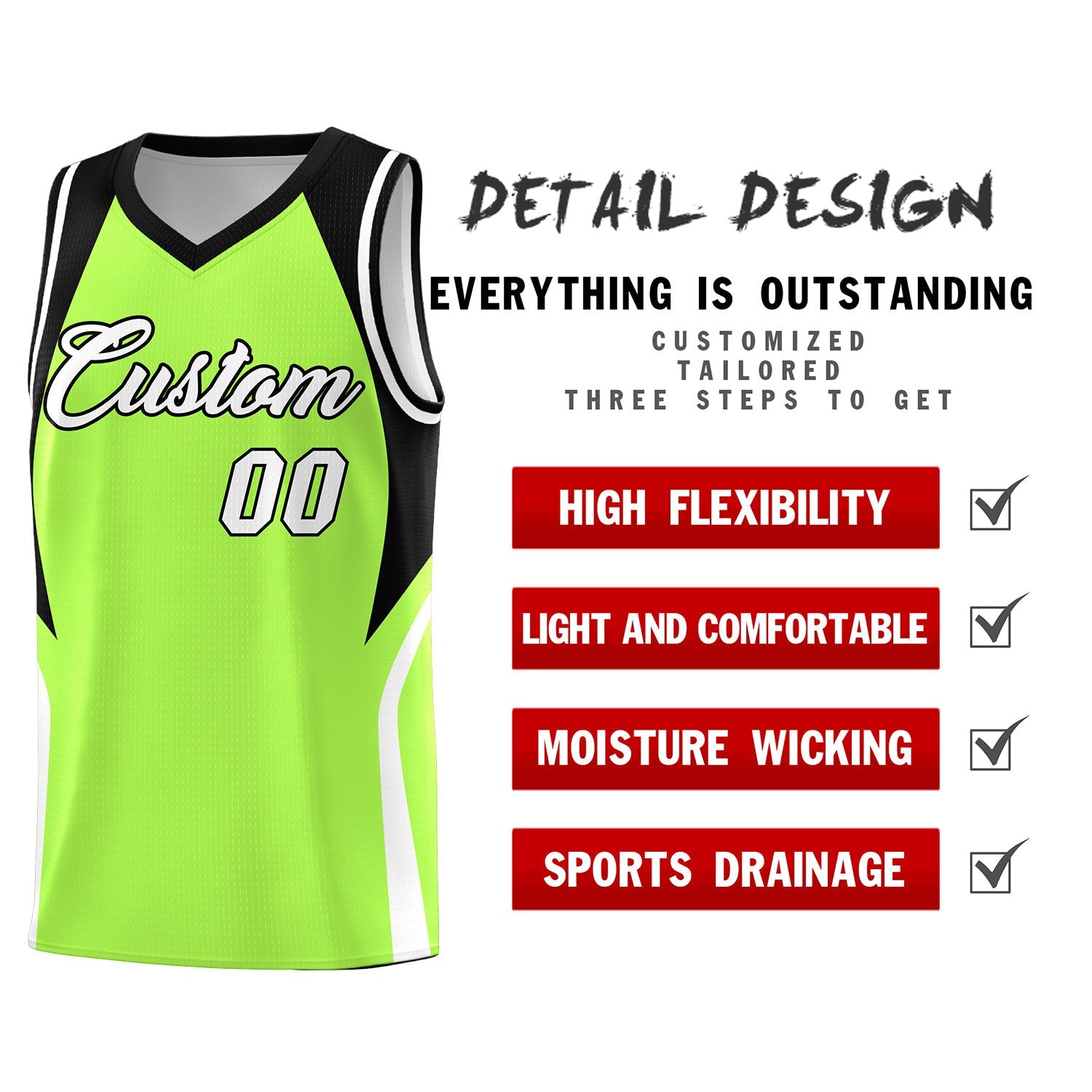 Custom Fluorescent Green Black and White Color Block Sports Uniform Basketball Jersey