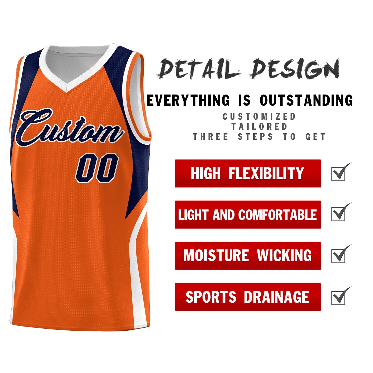 Custom Orange Navy and White Color Block Sports Uniform Basketball Jersey
