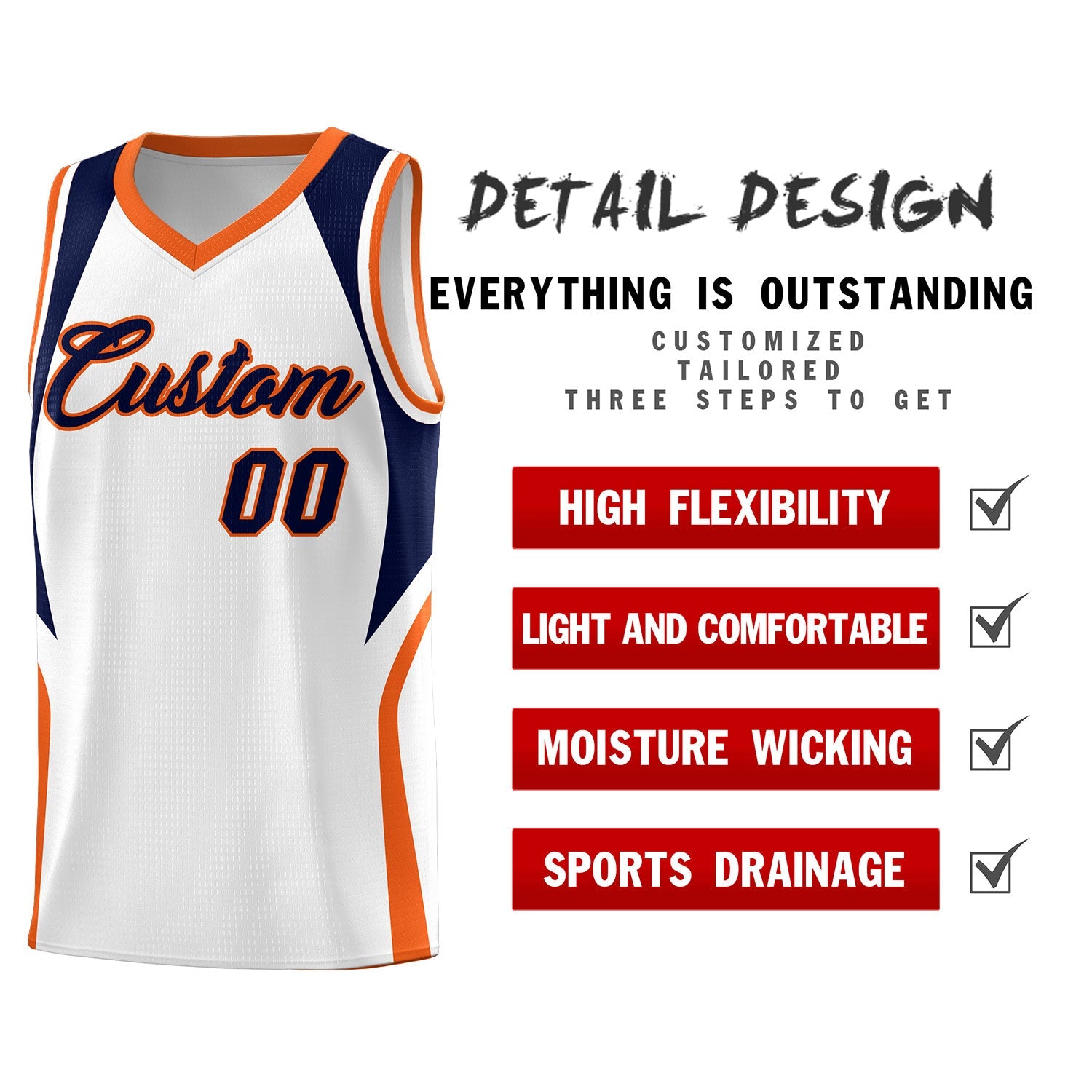 Custom White Navy and Orange Color Block Sports Uniform Basketball Jersey