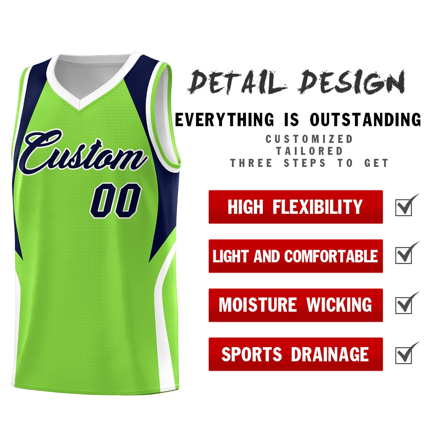 Custom Neon Green Navy and White Color Block Sports Uniform Basketball Jersey