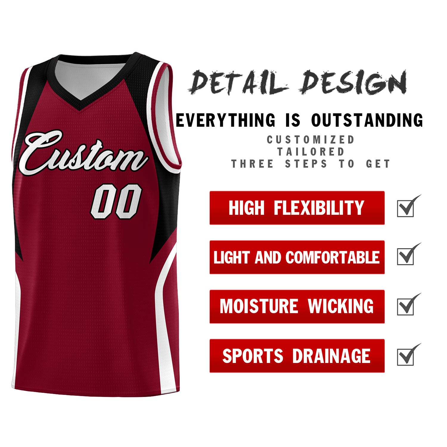 Custom Crimson Black and White Color Block Sports Uniform Basketball Jersey