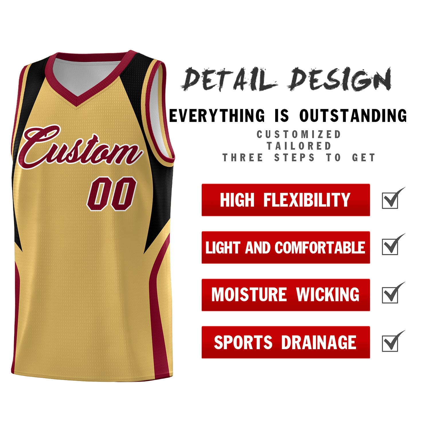 Custom Old Gold Black and Crimson Color Block Sports Uniform Basketball Jersey
