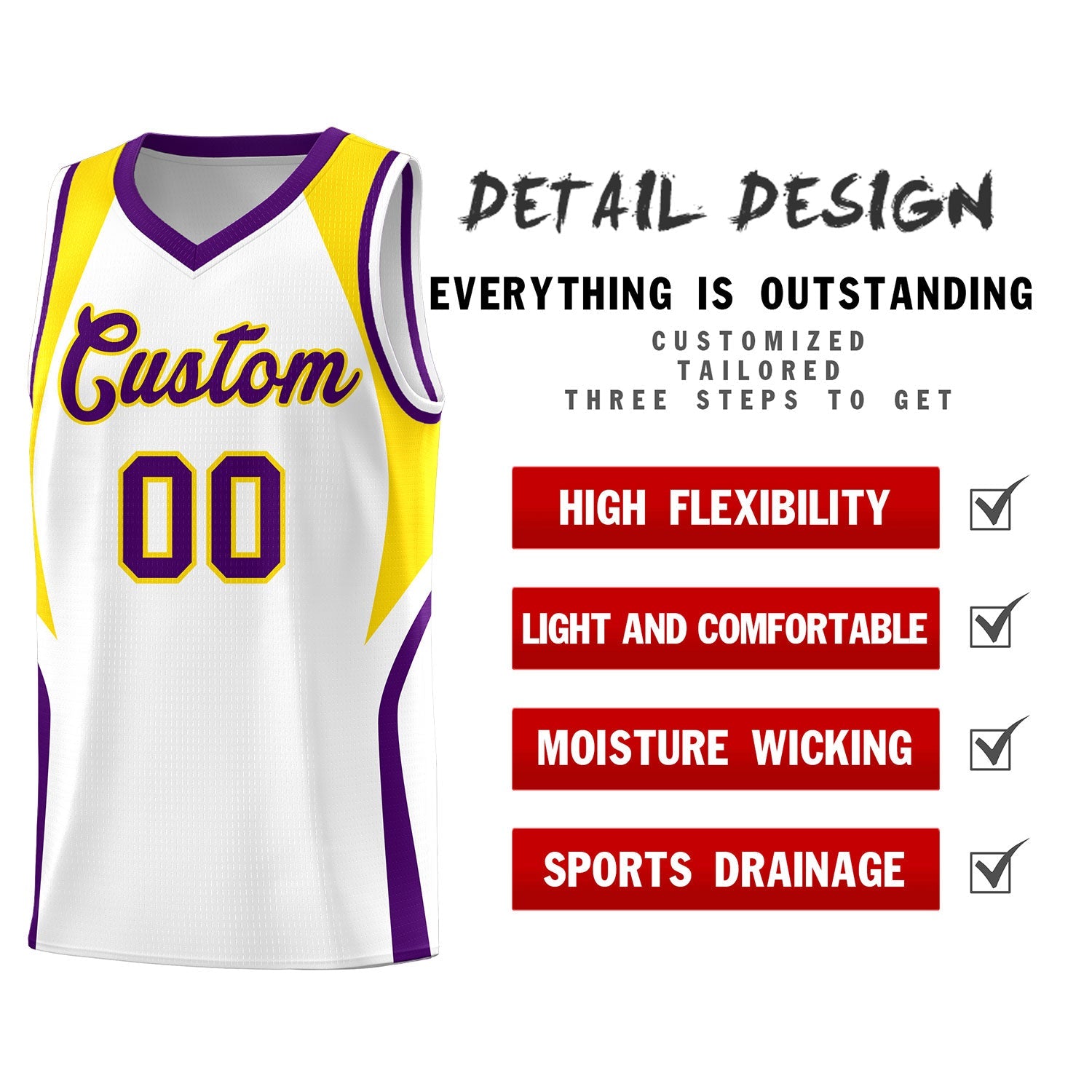 Custom White Gold and Purple Color Block Sports Uniform Basketball Jersey