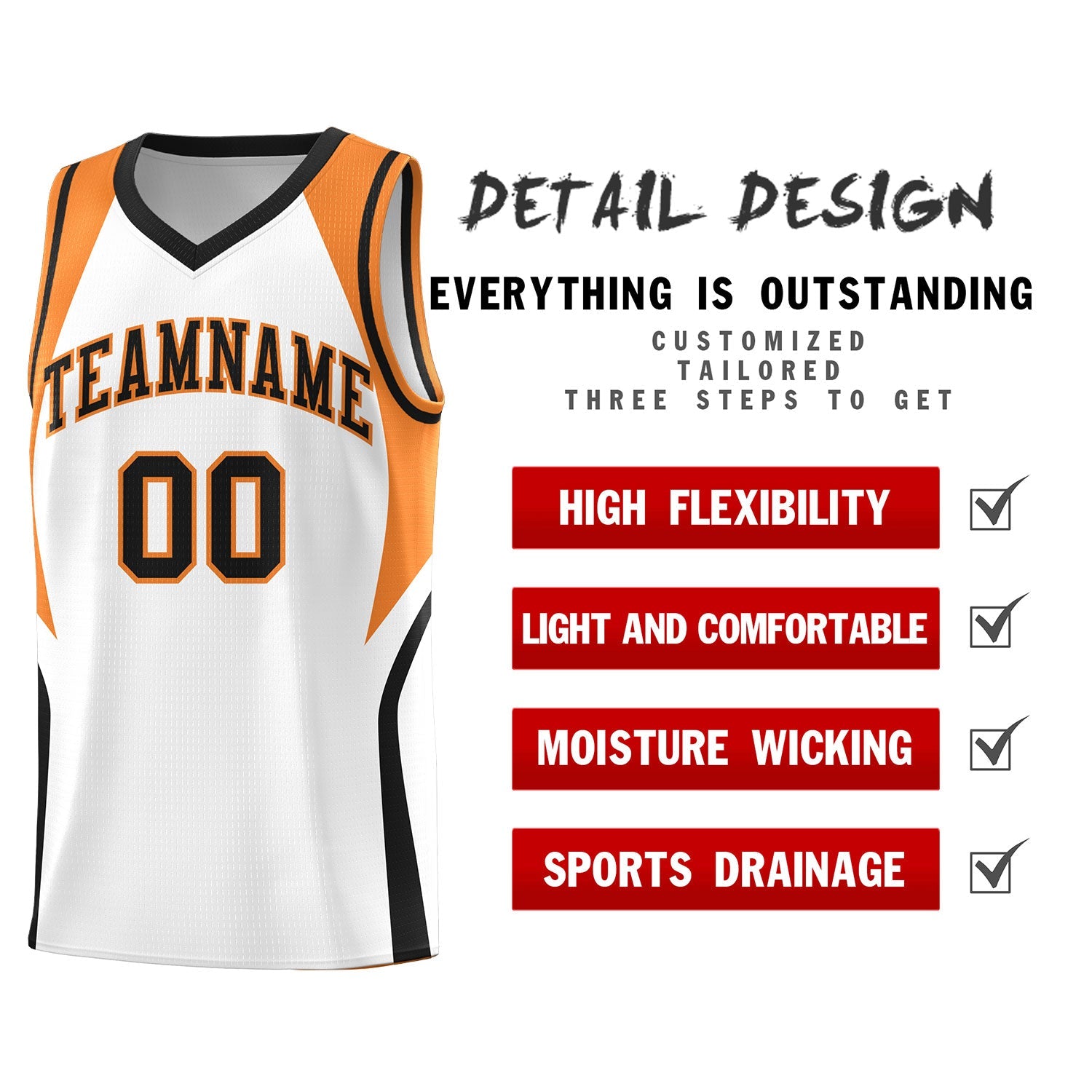 Custom White Gold Orange and Black Color Block Sports Uniform Basketball Jersey