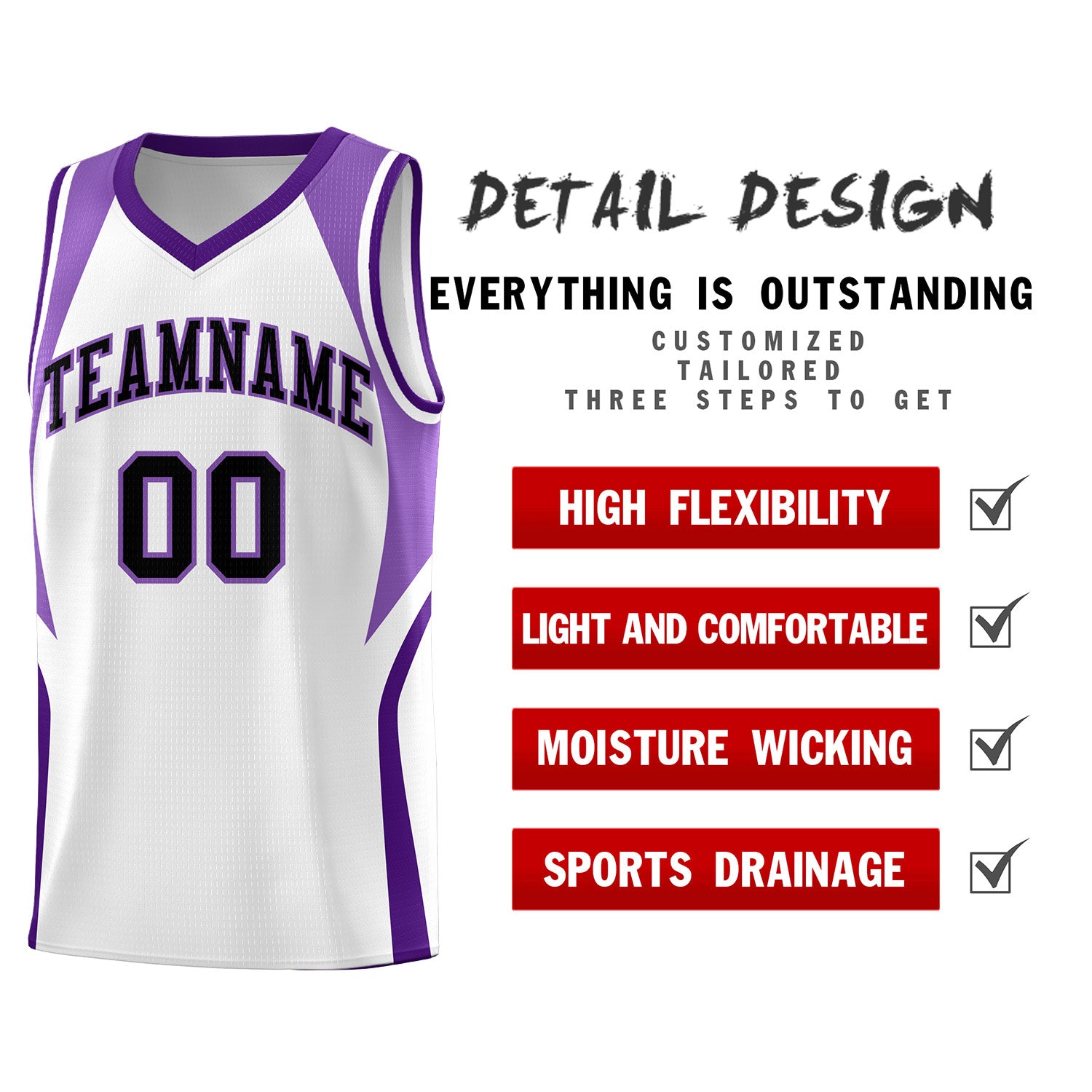 Custom White Light Purple and Purple Color Block Sports Uniform Basketball Jersey