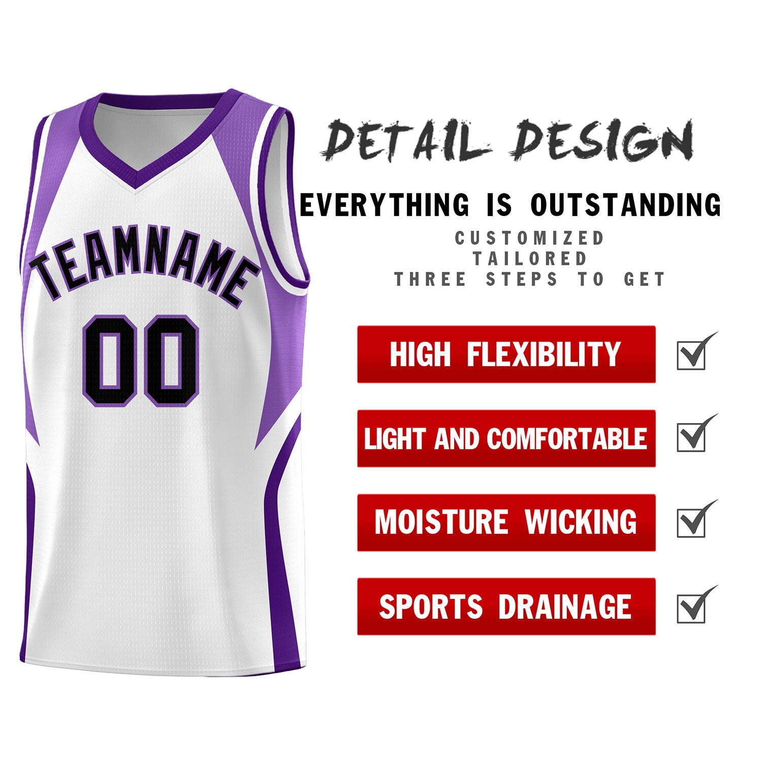 Custom White Light Purple and Purple Color Block Sports Uniform Basketball Jersey