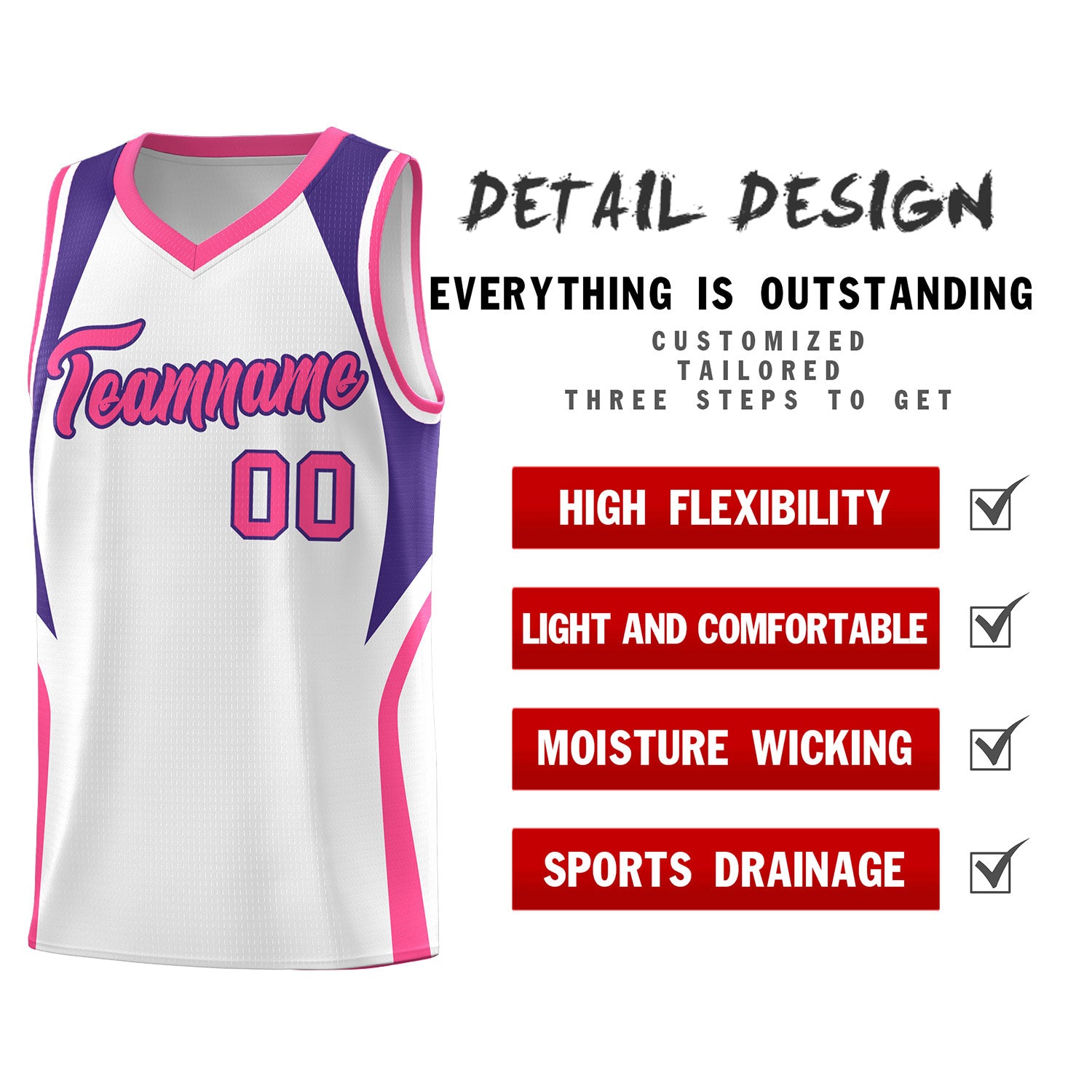 Custom White Purple and Pink Color Block Sports Uniform Basketball Jersey