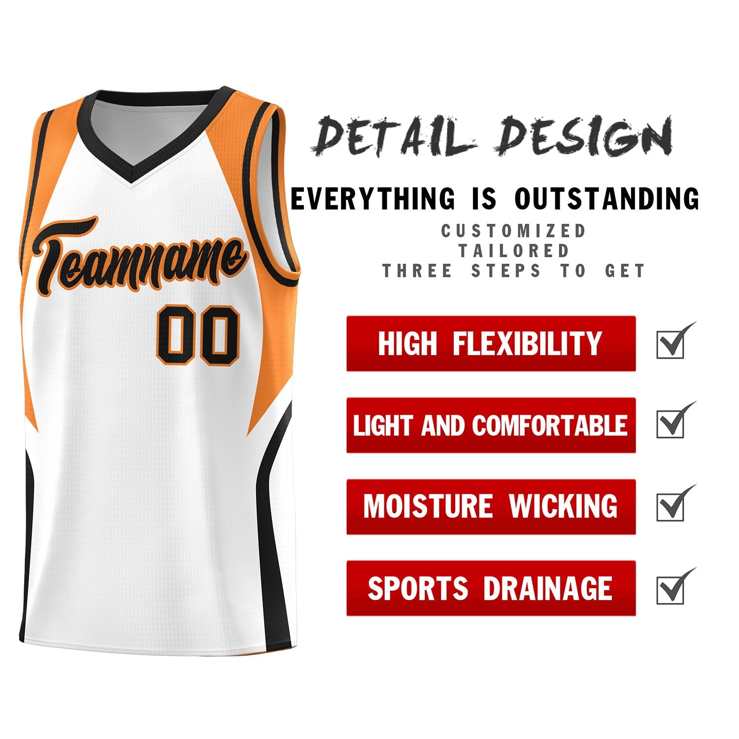 Custom White Gold Orange and Black Color Block Sports Uniform Basketball Jersey