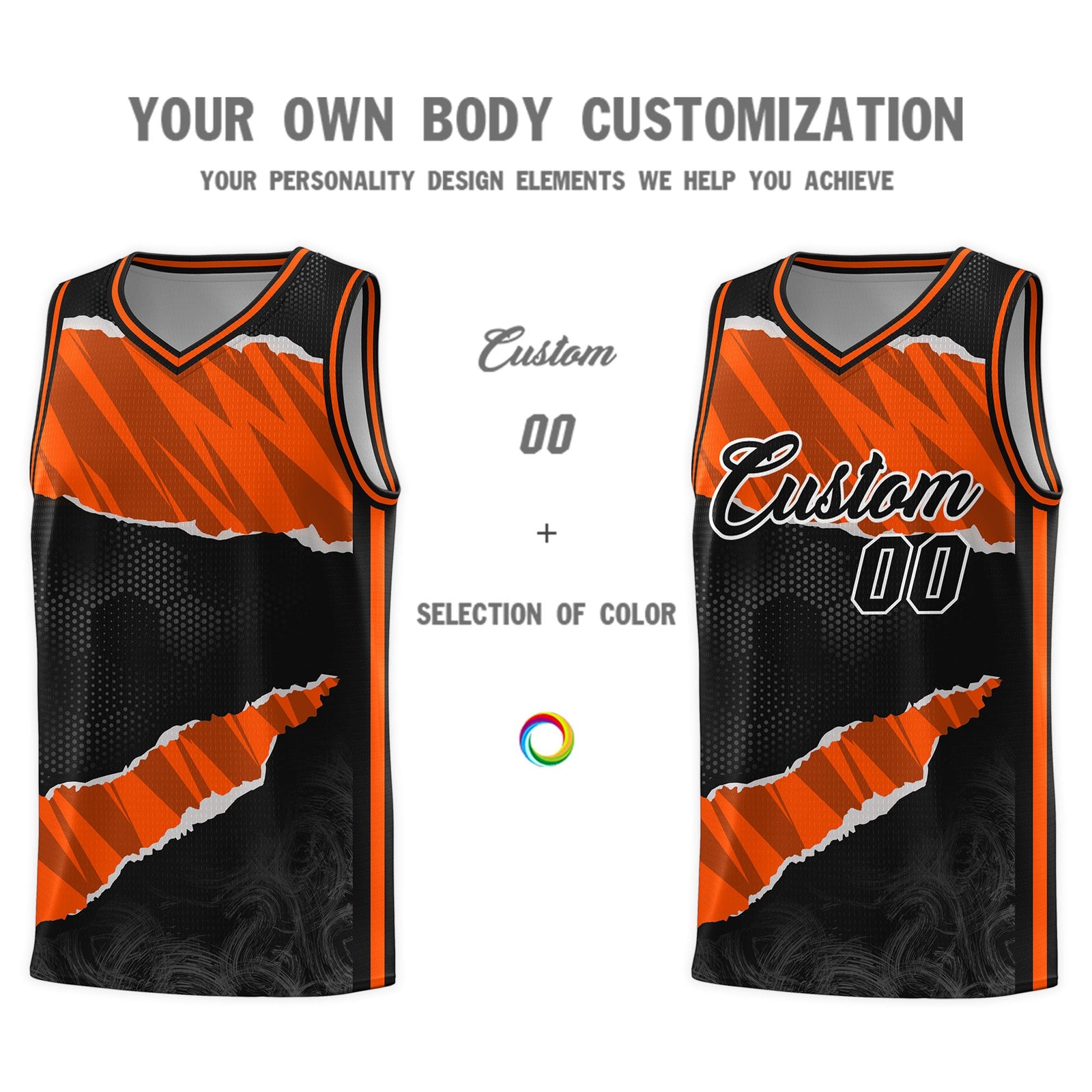 Custom Black Orange-Black Tear Graffiti Pattern Sports Uniform Basketball Jersey