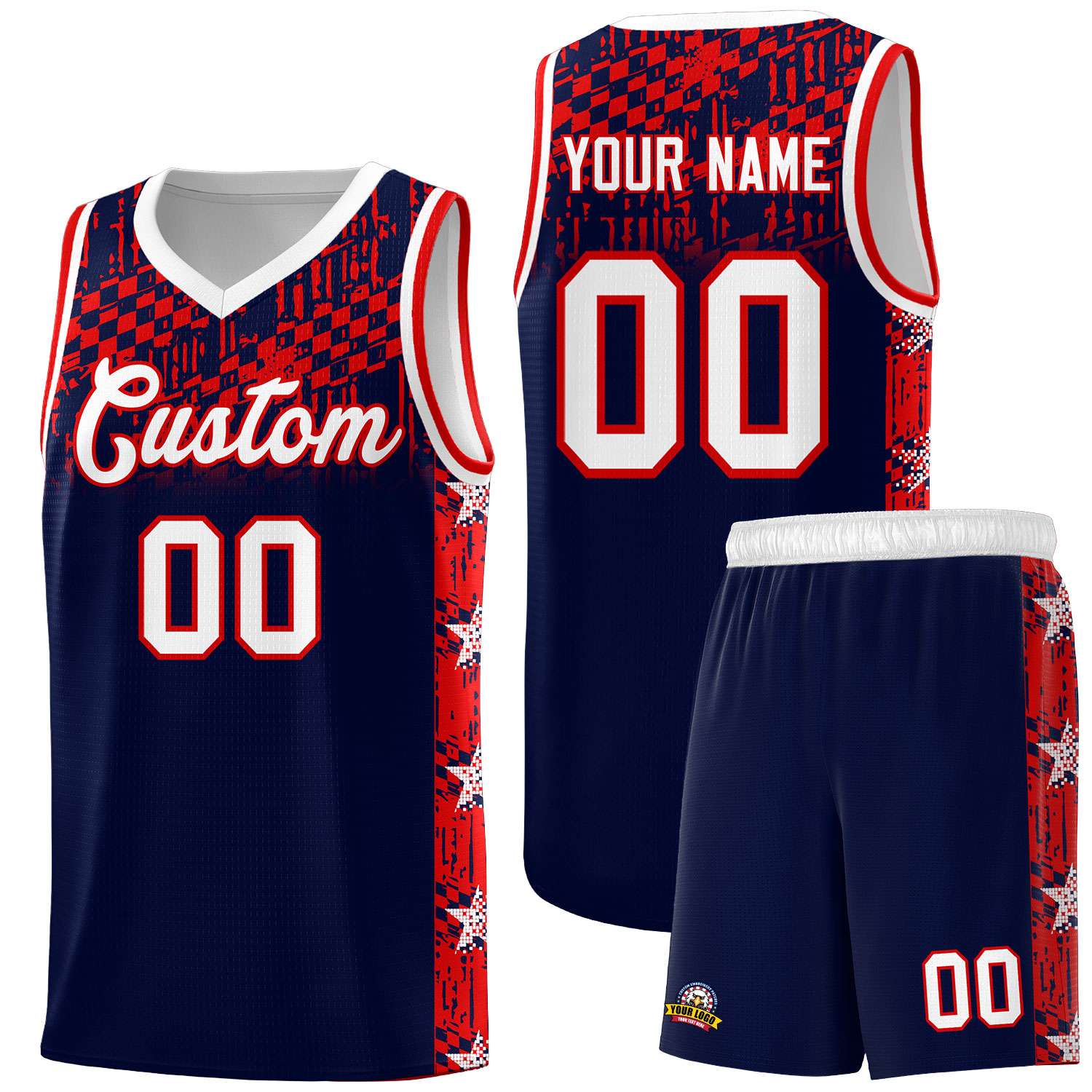 Custom Navy Mosaic Stars Pattern Sports Uniform Basketball Jersey