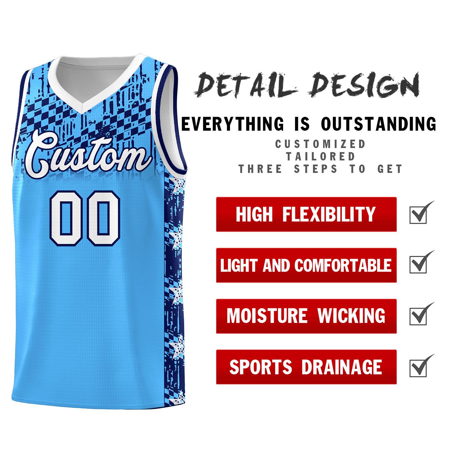 Custom Powder Blue Mosaic Stars Pattern Sports Uniform Basketball Jersey