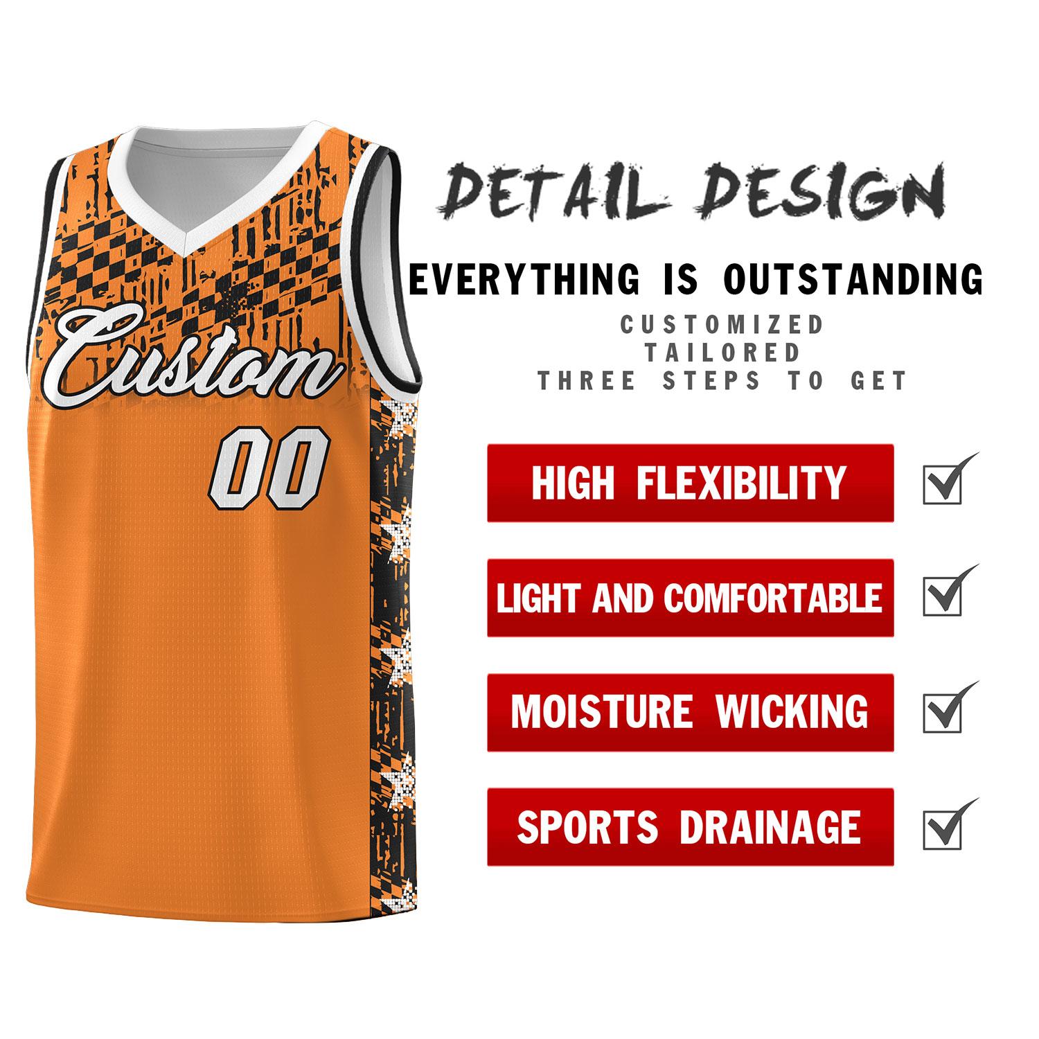 Custom Gold Orange Mosaic Stars Pattern Sports Uniform Basketball Jersey