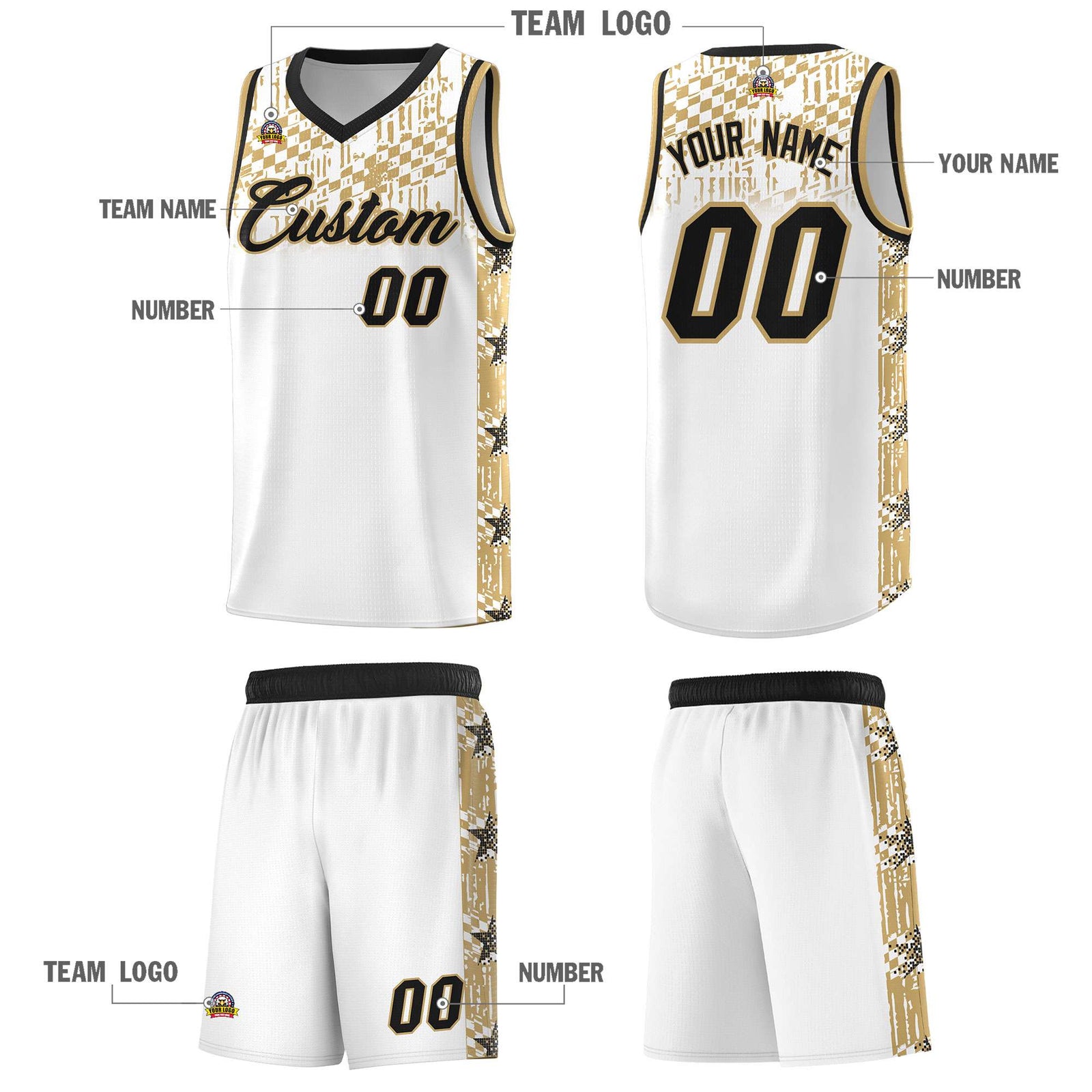 Custom White Mosaic Stars Pattern Sports Uniform Basketball Jersey