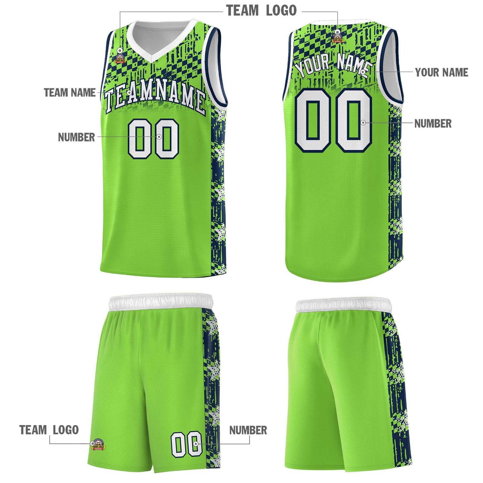 Custom Neon Green Mosaic Stars Pattern Sports Uniform Basketball Jersey