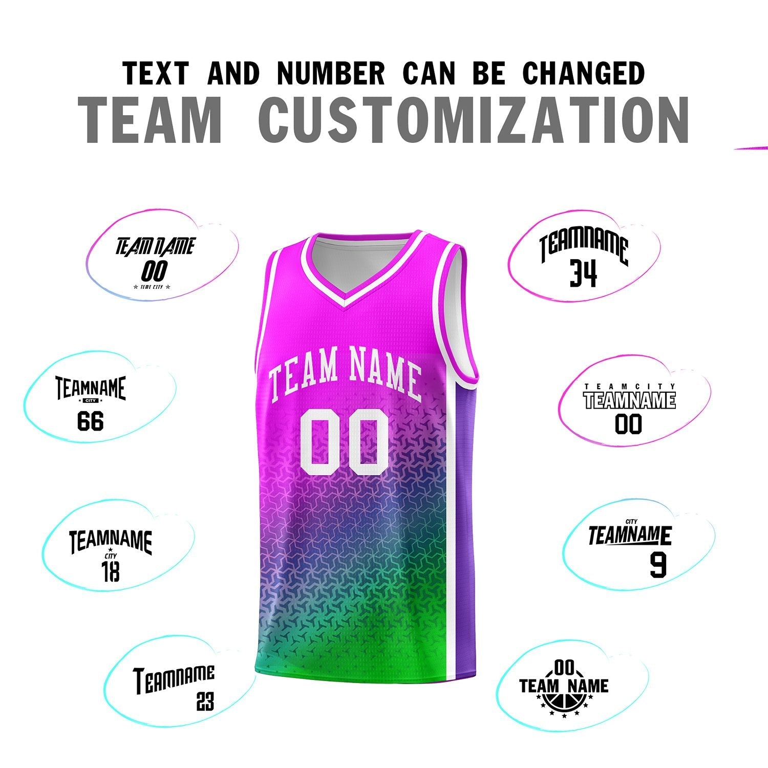 Custom Pink Purple-Neon Green Gradient Design Irregular Shapes Pattern Sports Uniform Basketball Jersey