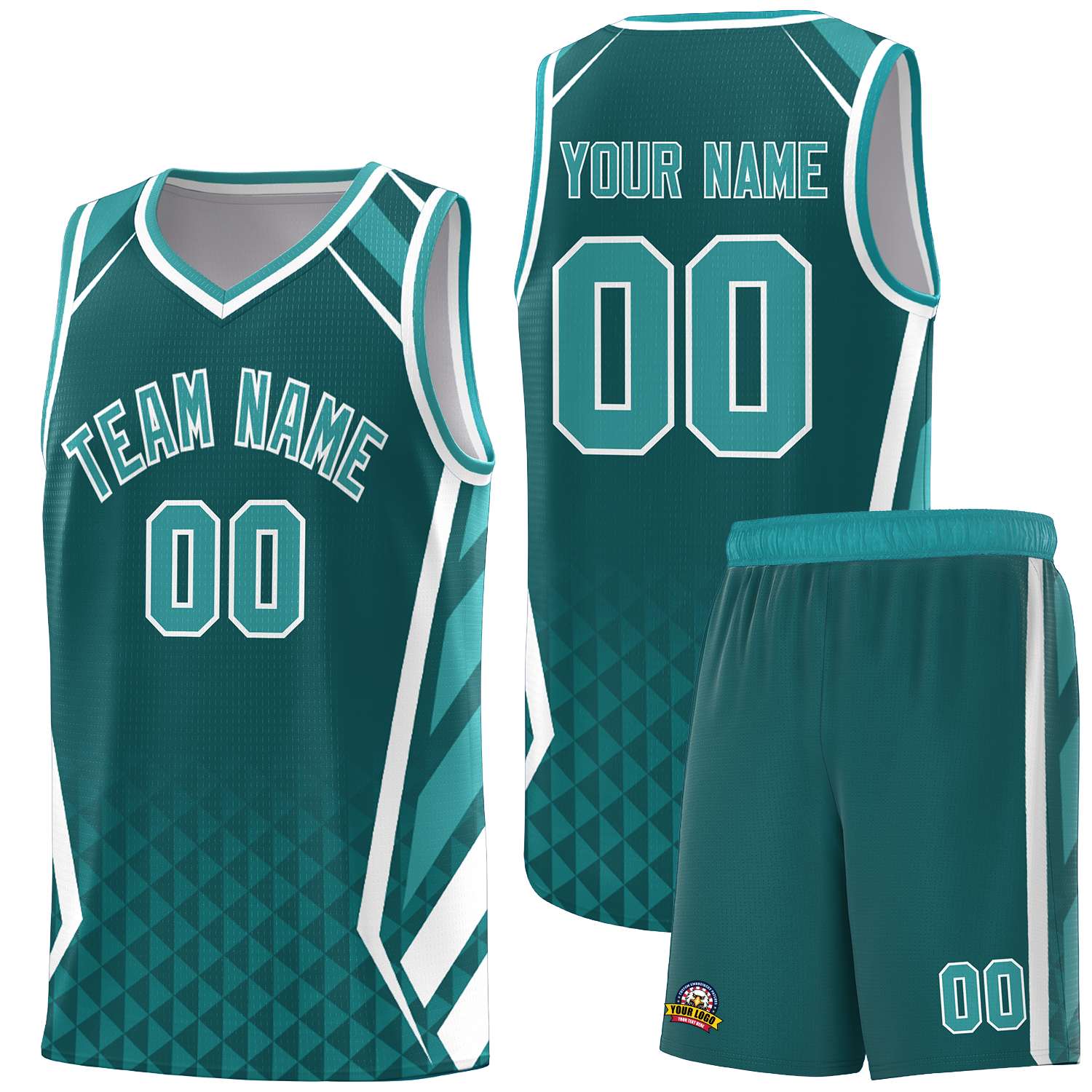Custom Aqua White Diamond Pattern Side Slash Sports Uniform Basketball Jersey