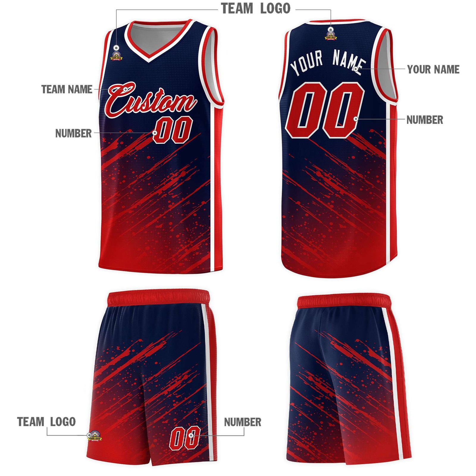 Custom Navy Basketball Kits With Red Paint Graffiti