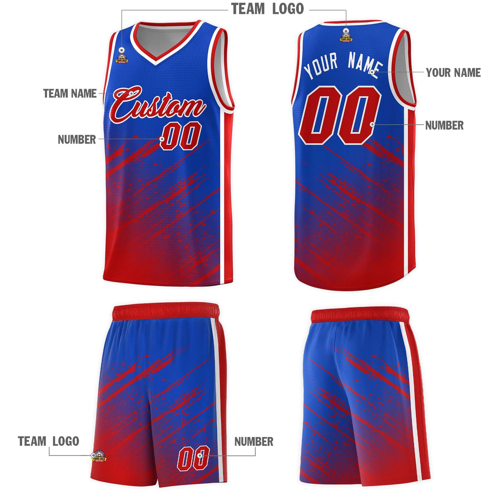 Custom Royal Basketball Kits With Red Paint Graffiti
