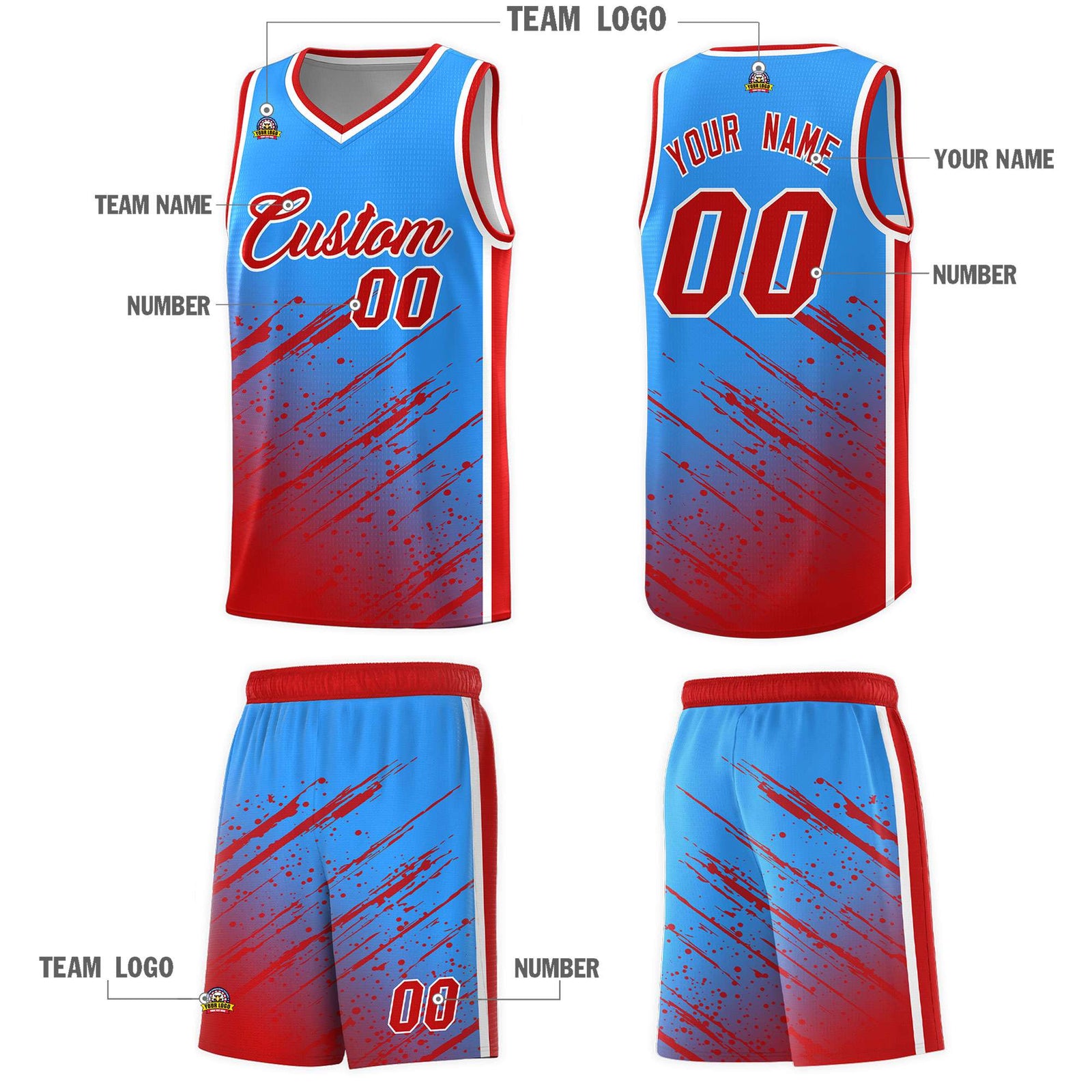 Custom Powder Blue Basketball Kits With Red Paint Graffiti