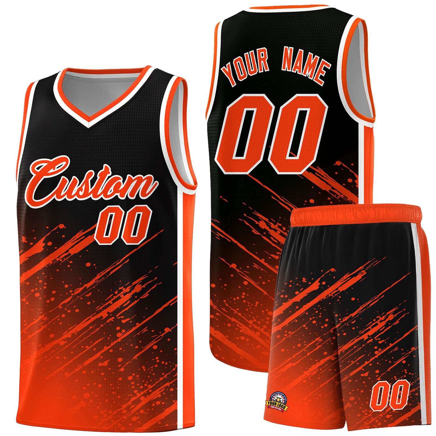 Custom Black Basketball Kits With Orange Paint Graffiti