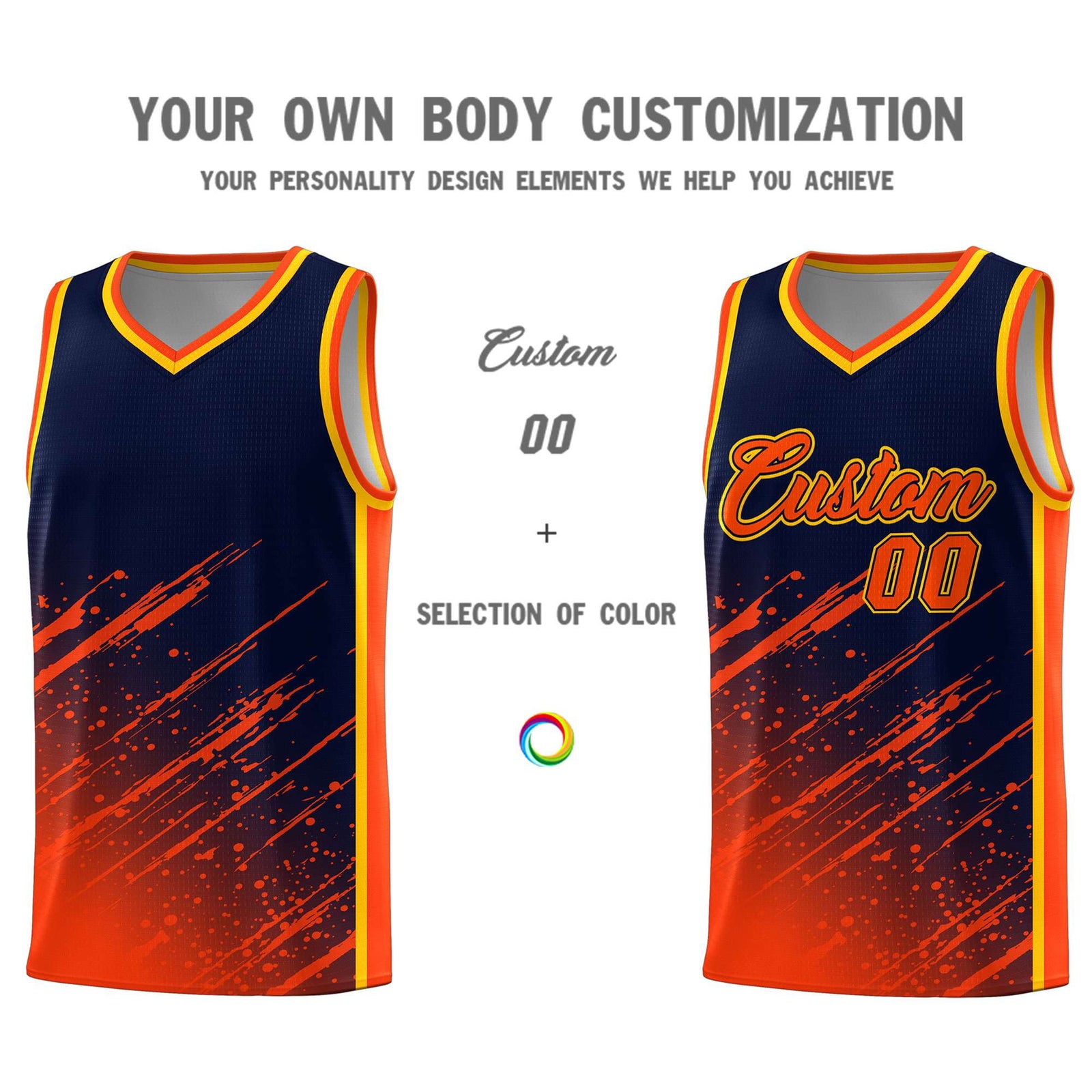 Custom Navy Basketball Kits With Orange Paint Graffiti