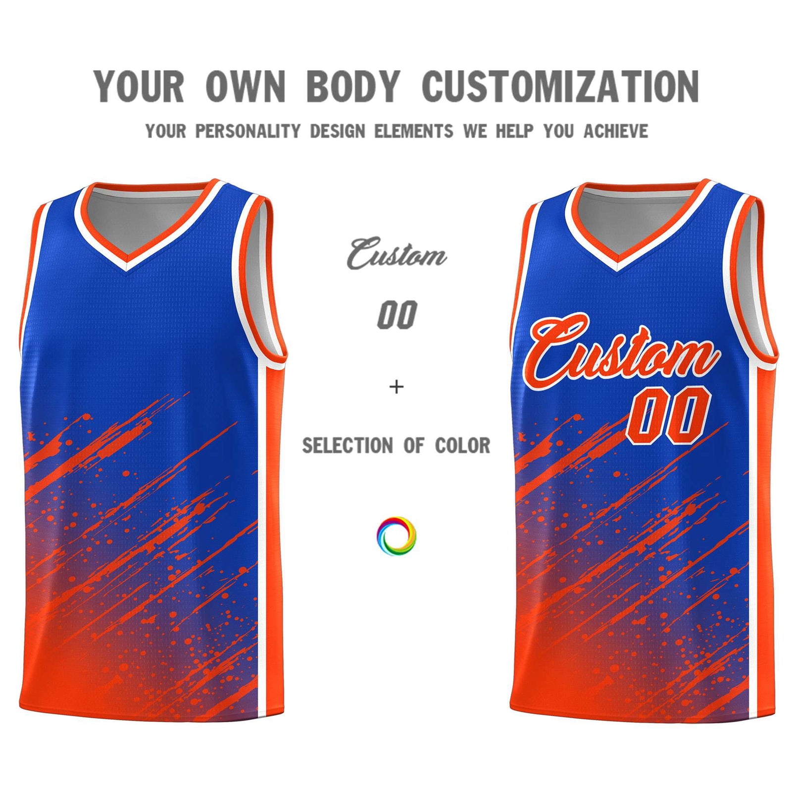 Custom Royal Basketball Kits With Orange Paint Graffiti