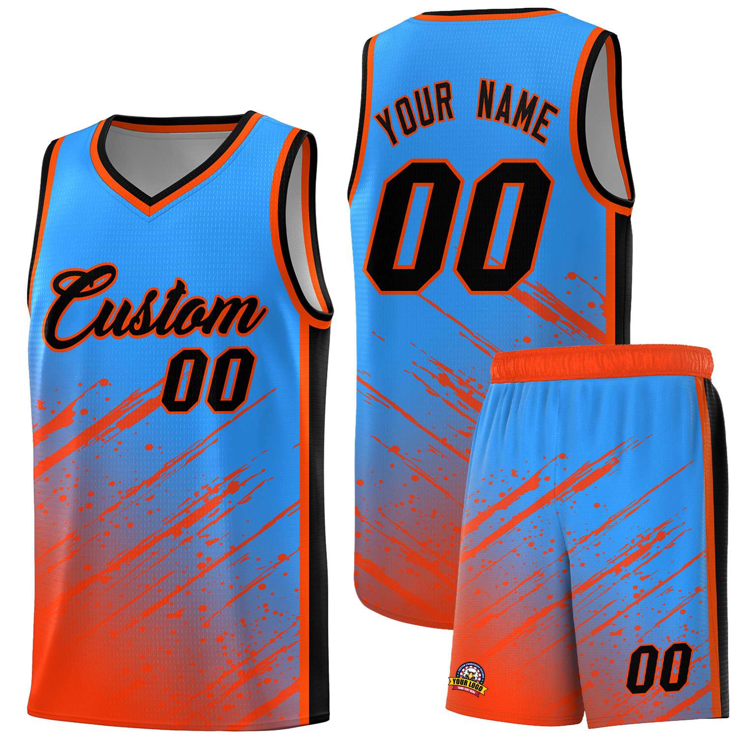 Custom Powder Blue Basketball Kits With Orange Paint Graffiti