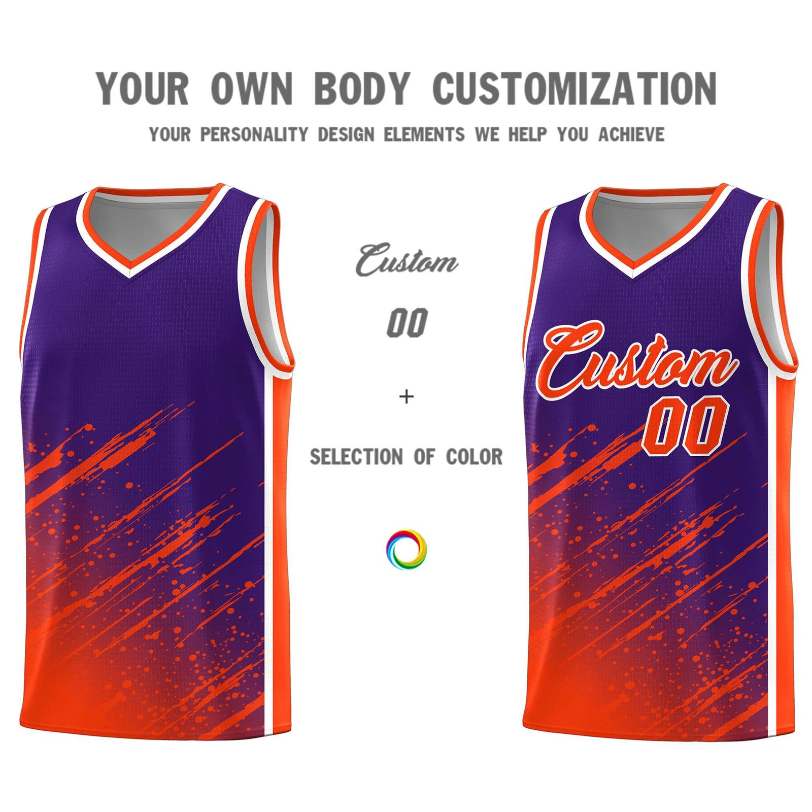 Custom Purple Basketball Kits With Orange Paint Graffiti