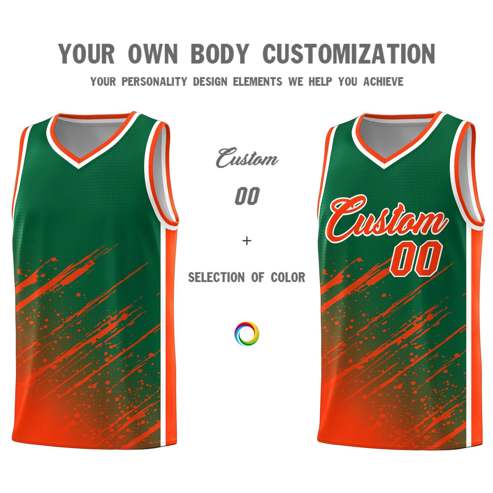 Custom Kelly Green Basketball Kits With Orange Paint Graffiti