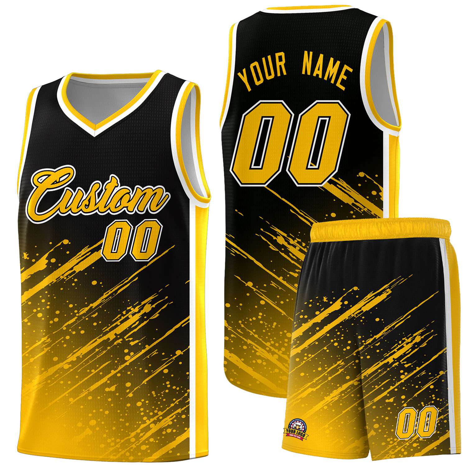 Custom Black Basketball Kits With Yellow Paint Graffiti
