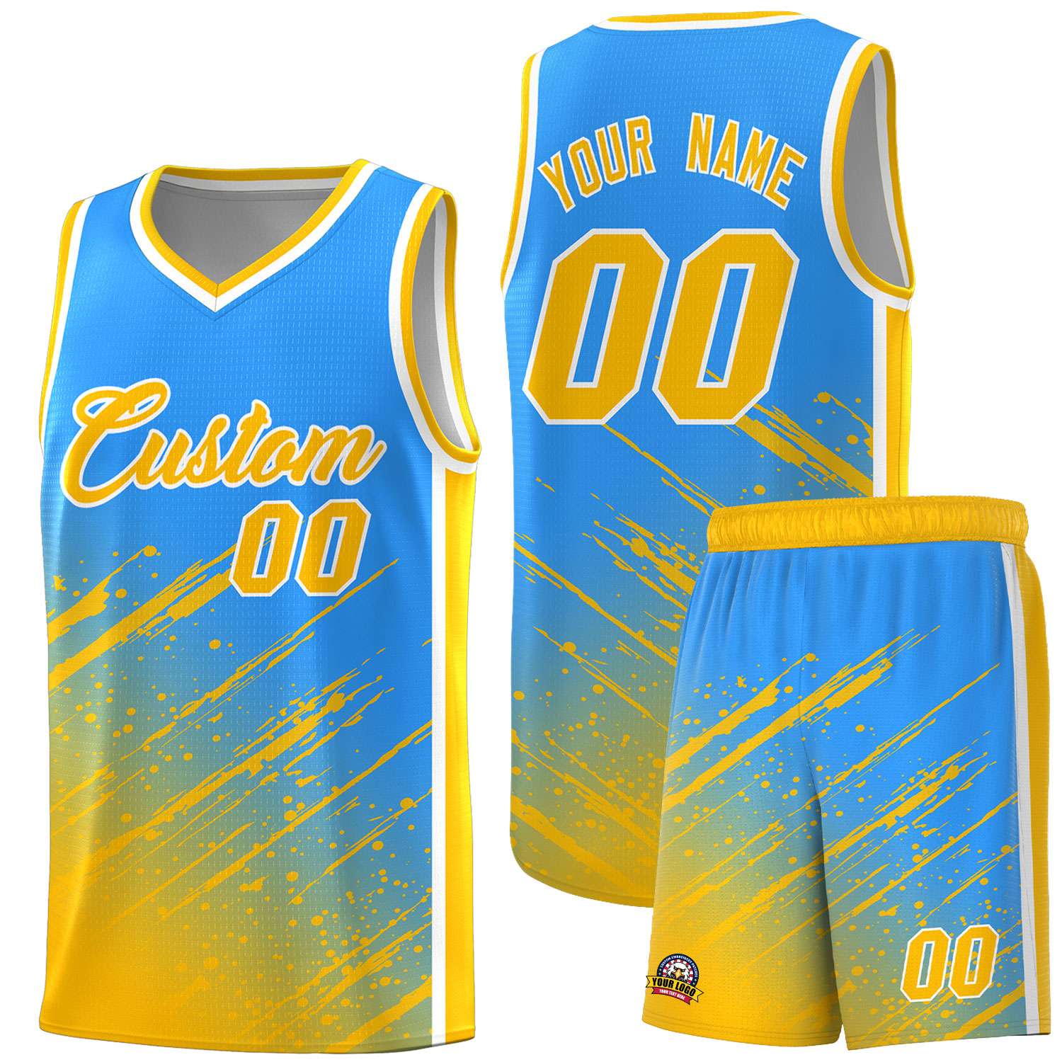 Custom Powder Blue Basketball Kits With Yellow Paint Graffiti