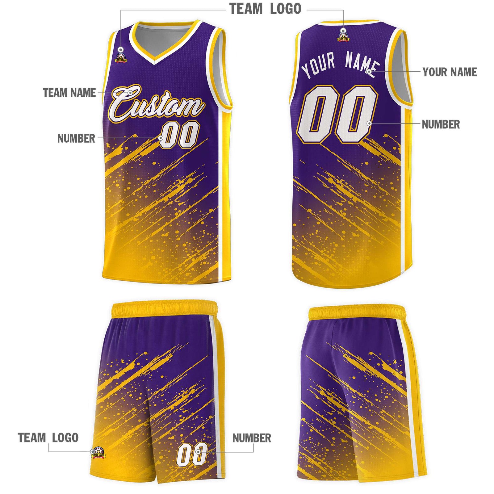 Custom Purple Basketball Kits With Yellow Paint Graffiti