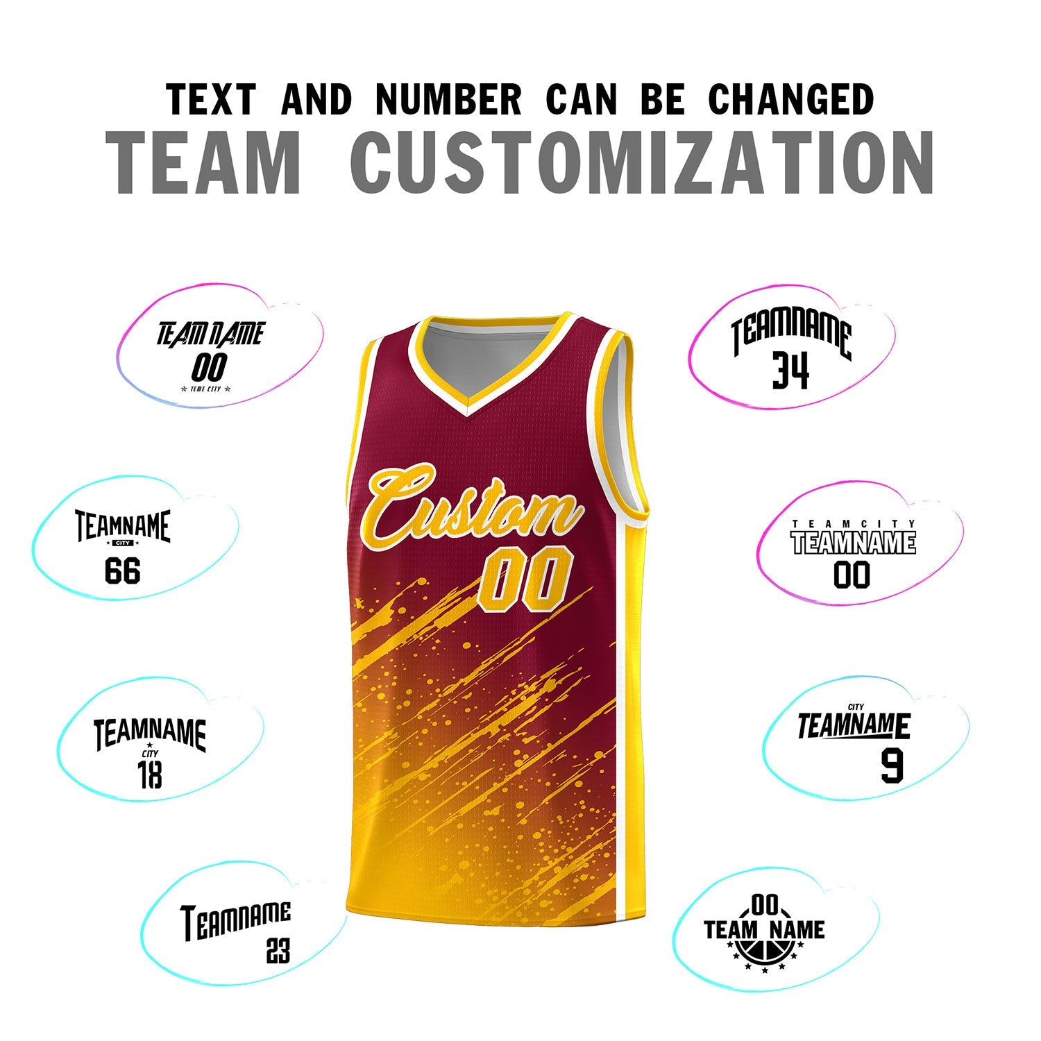Custom Crimson Basketball Kits With Yellow Paint Graffiti