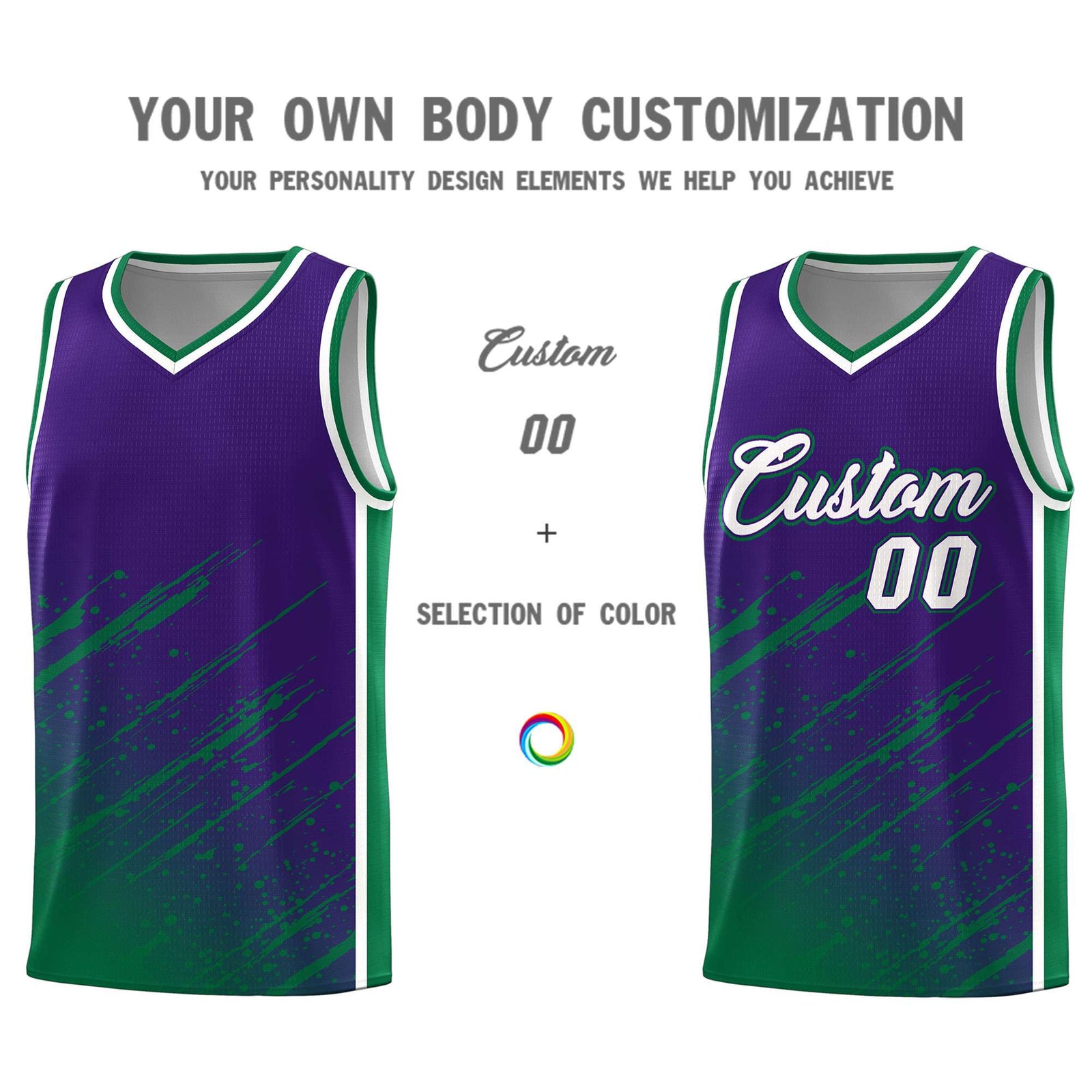 Custom Purple Basketball Kits With Kelly Green Paint Graffiti