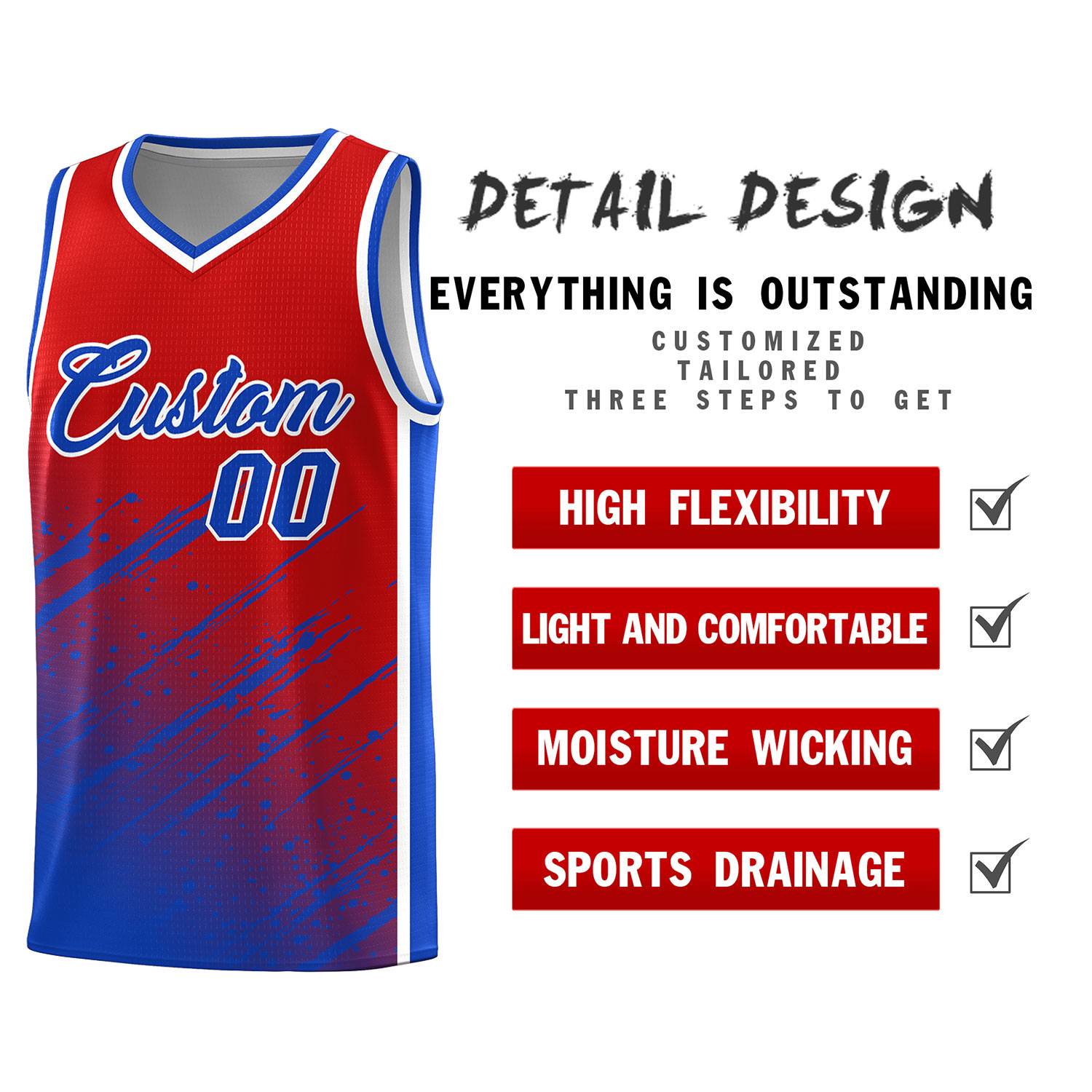 Custom Red Basketball Kits With Royal Paint Graffiti