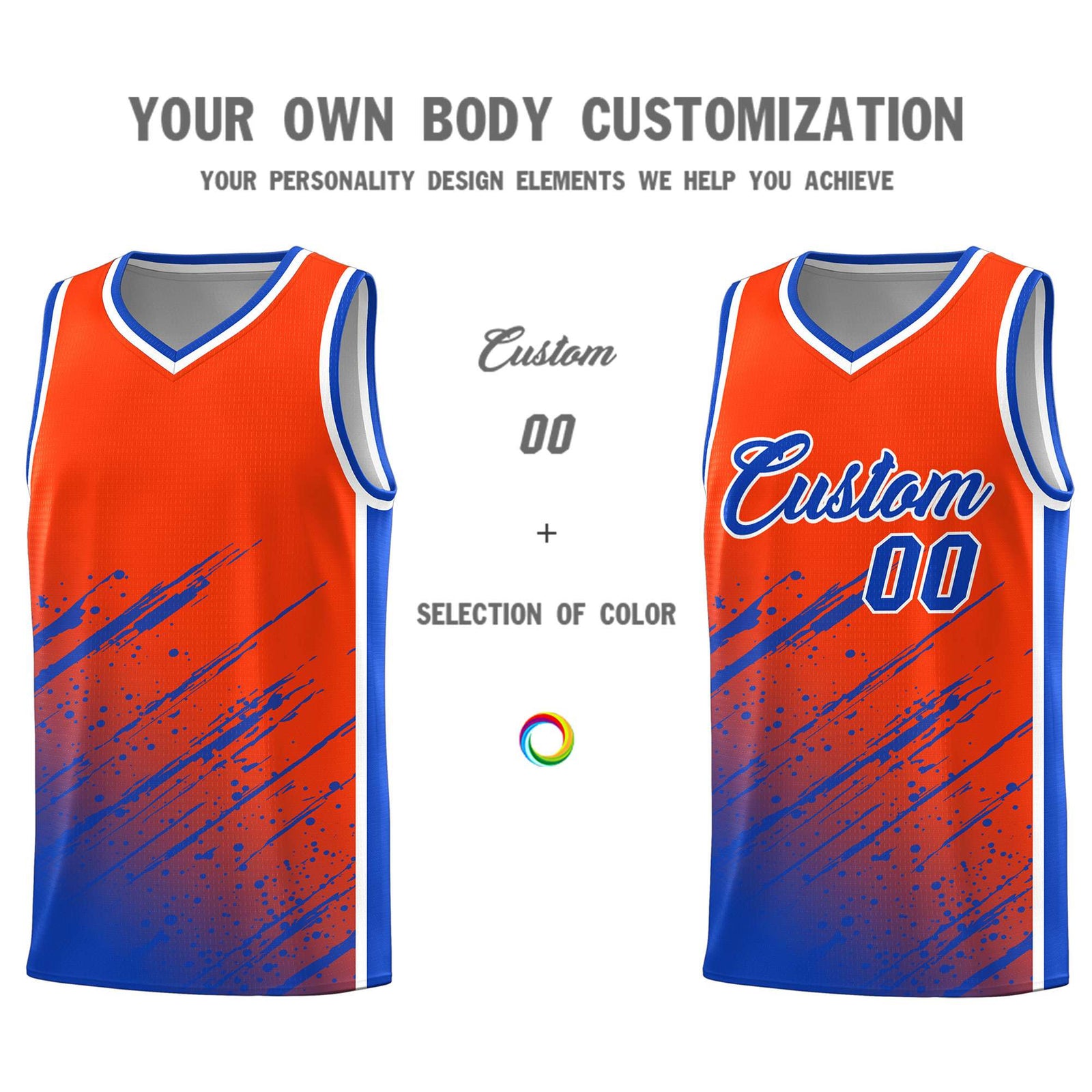 Custom Orange Basketball Kits With Royal Paint Graffiti