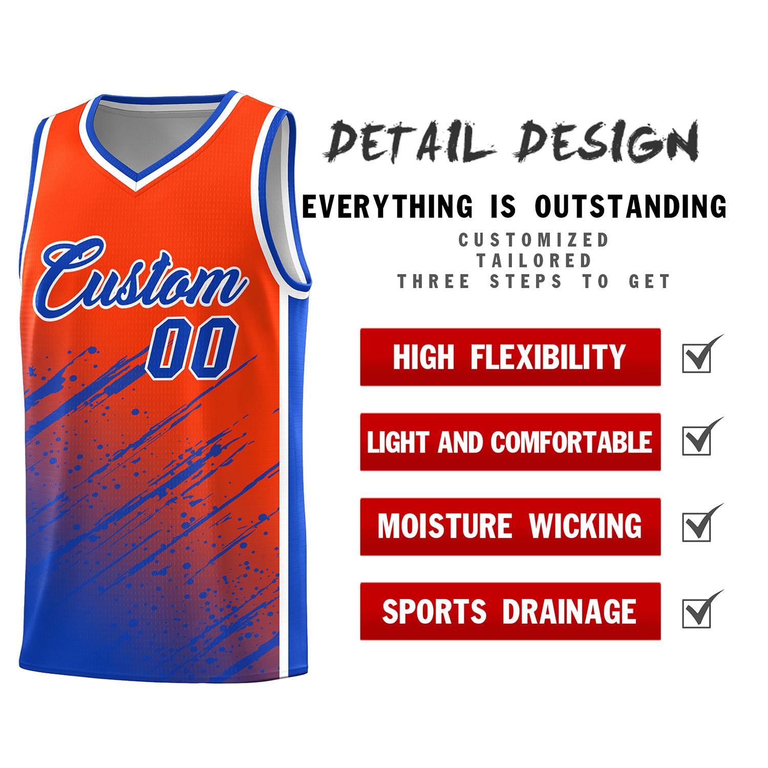 Custom Orange Basketball Kits With Royal Paint Graffiti
