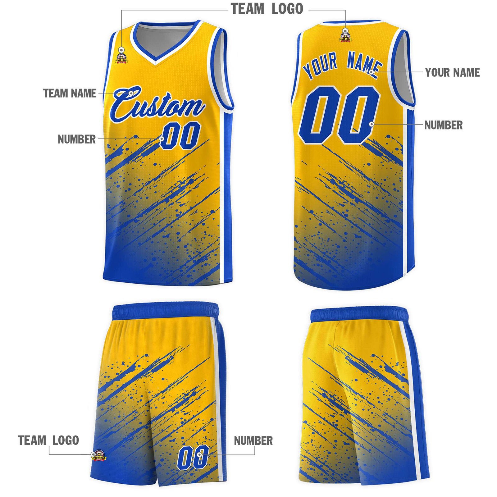 Custom Yellow Basketball Kits With Royal Paint Graffiti