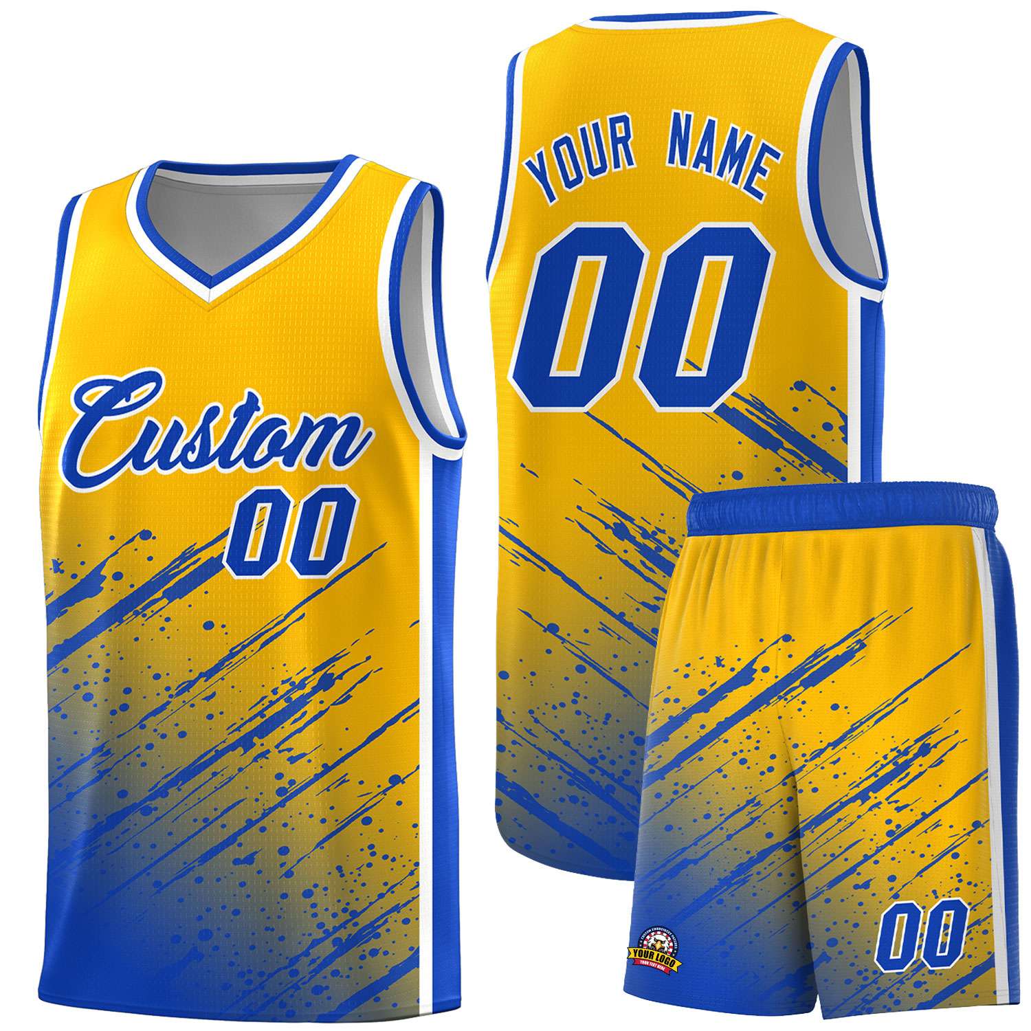 Custom Yellow Basketball Kits With Royal Paint Graffiti