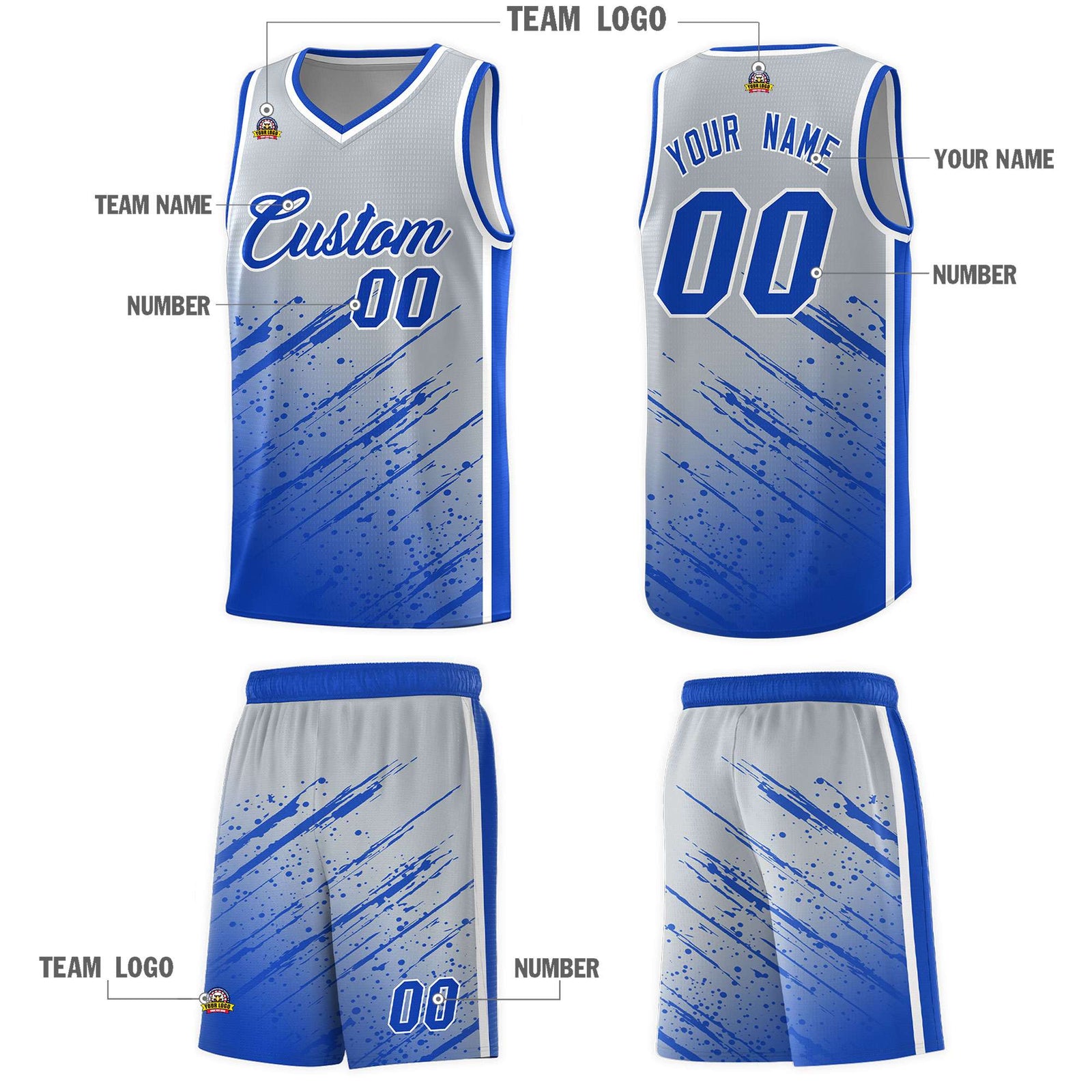 Custom Gray Basketball Kits With Royal Paint Graffiti