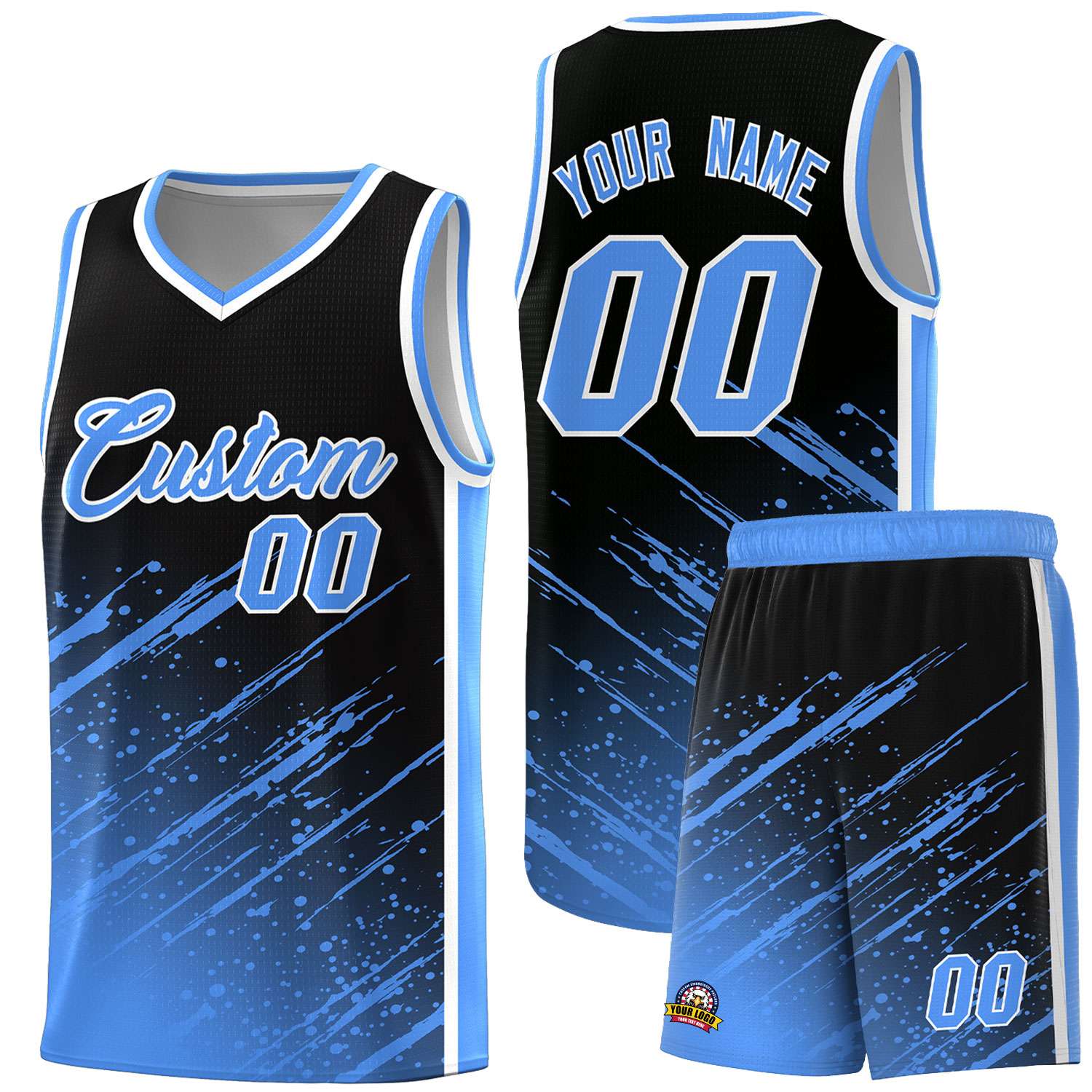 Custom Black Basketball Kits With Powder Blue Paint Graffiti