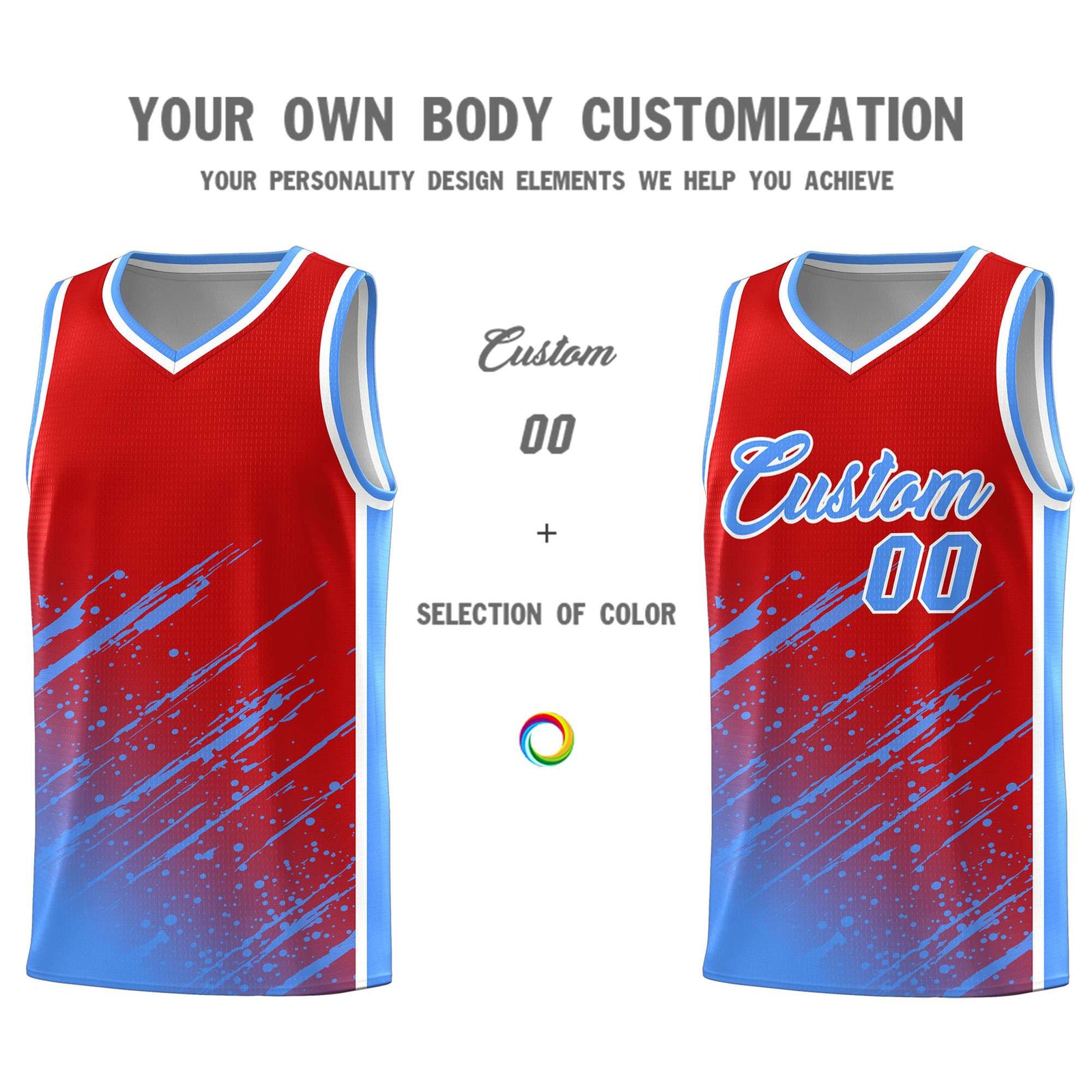 Custom Red Basketball Kits With Powder Blue Paint Graffiti