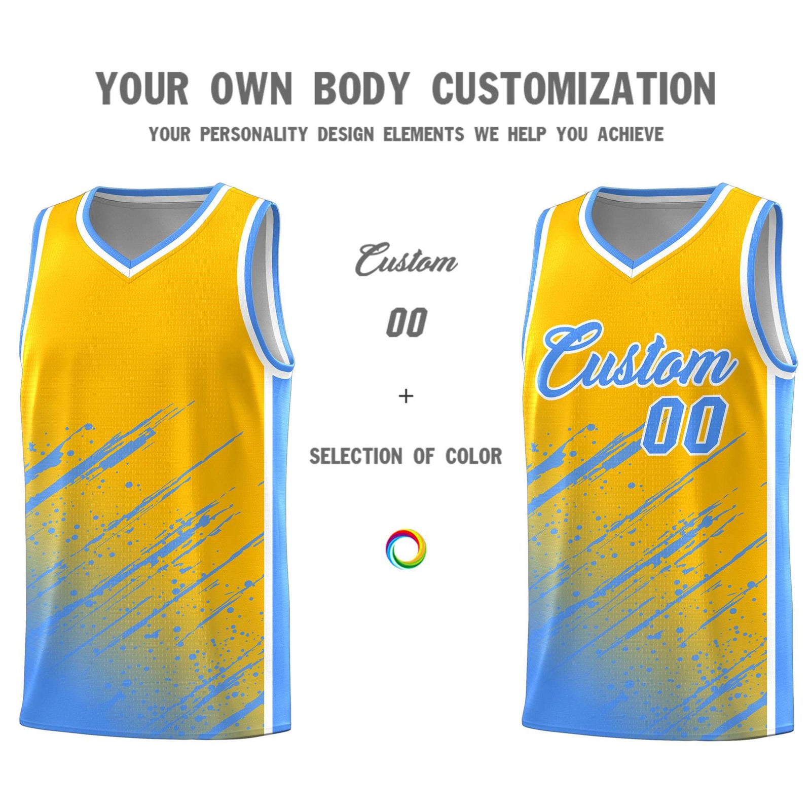 Custom Yellow Basketball Kits With Powder Blue Paint Graffiti