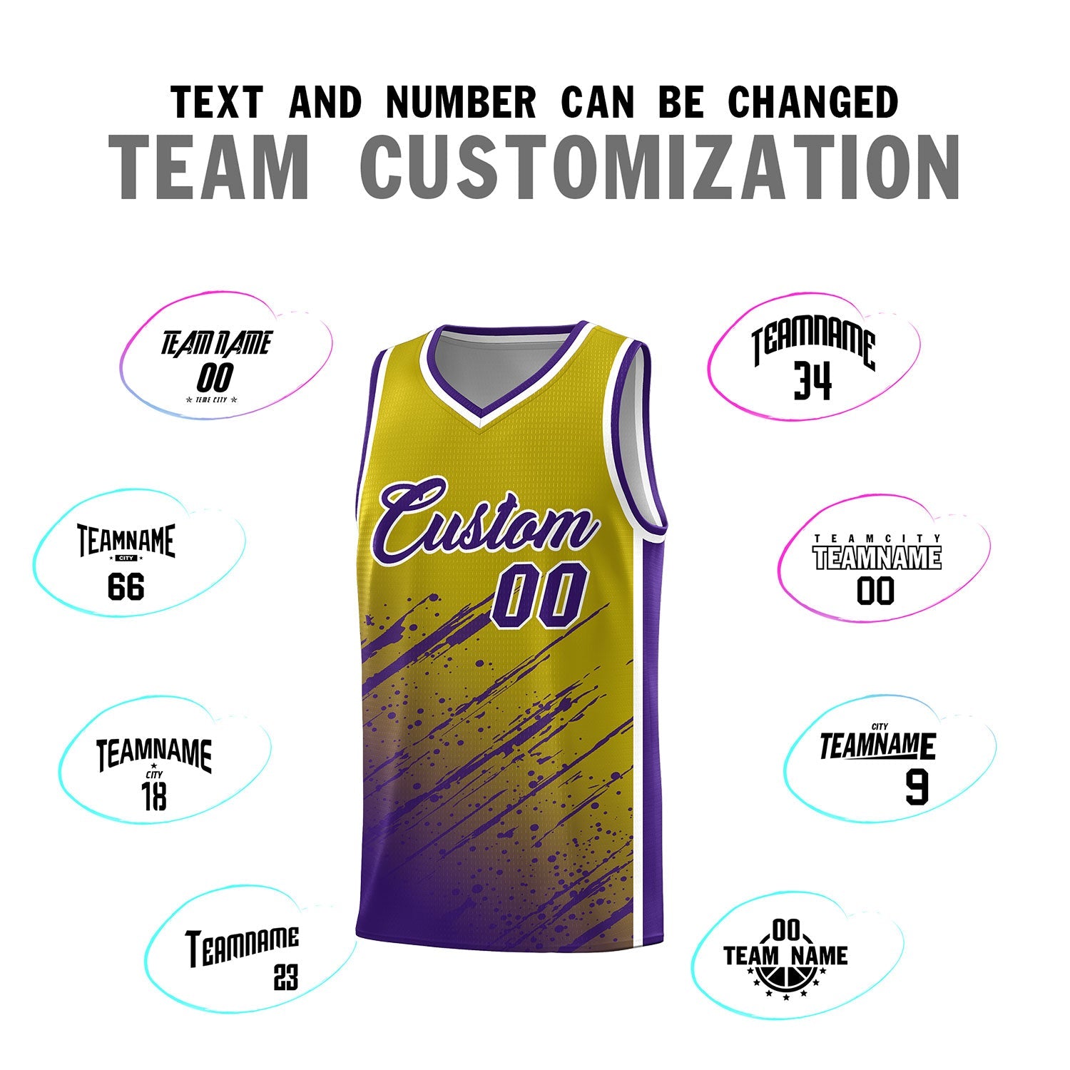 Custom Old Gold Basketball Kits With Purple Paint Graffiti