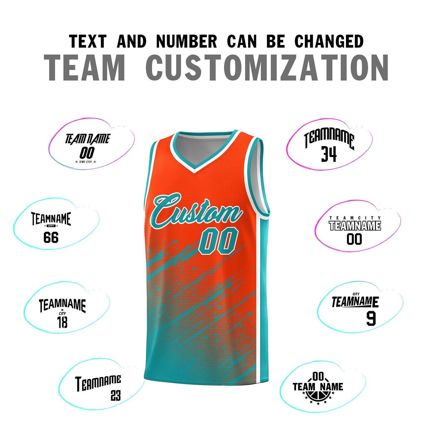 Custom Orange Basketball Kits With Aqua Paint Graffiti