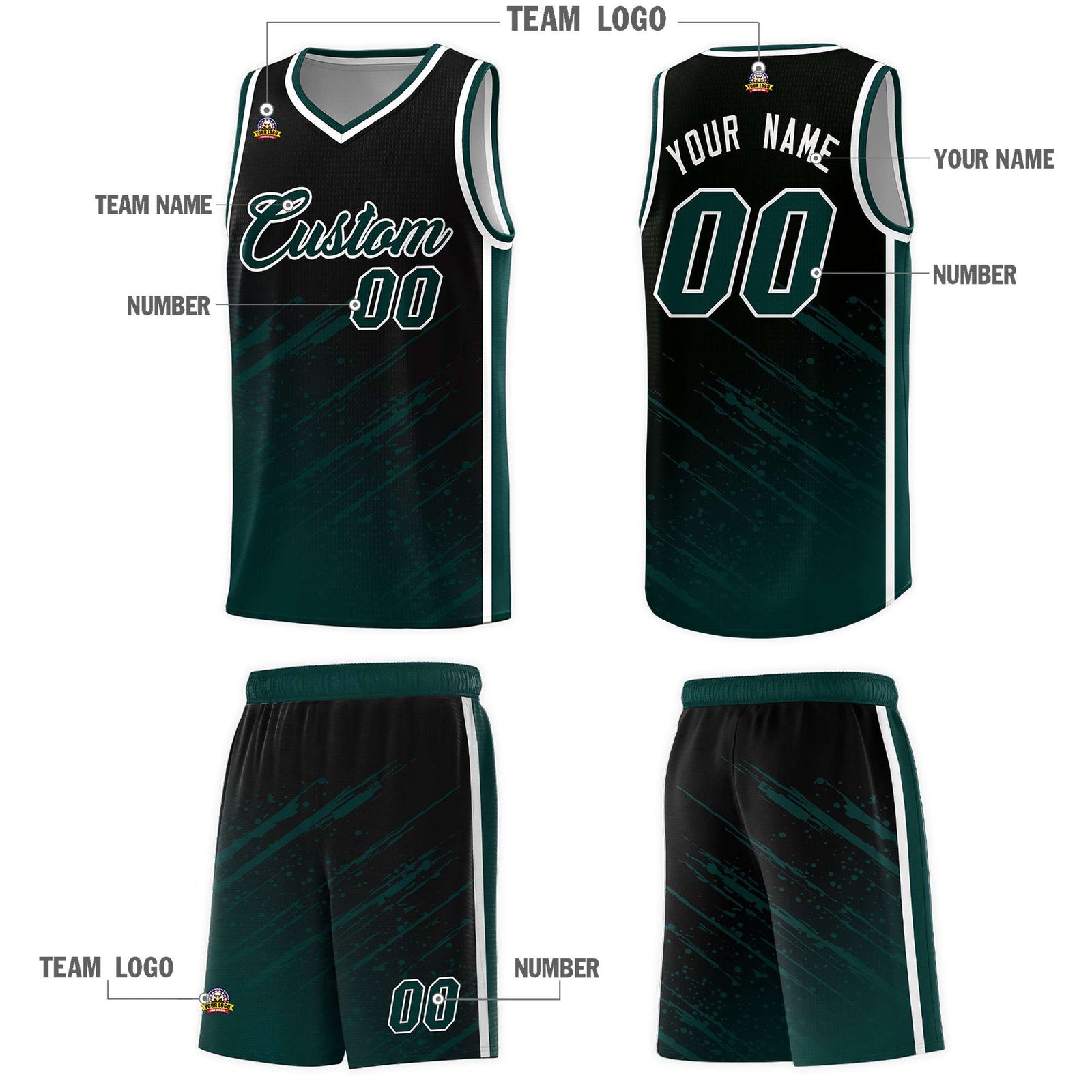 Custom Black Basketball Kits With Midnight Green Paint Graffiti